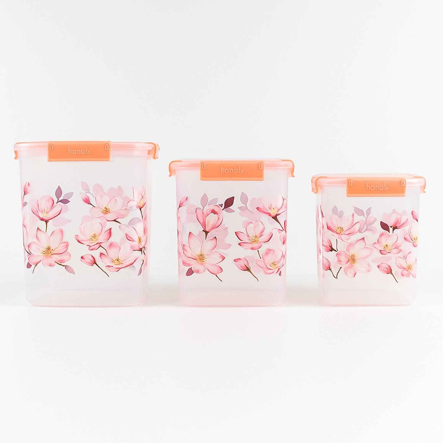 Square 3 Pcs Floral Printed Airtight Storage Container Set – Approx 2.8 Ltr, 4.5 Ltr, 6.9 Ltr (3 Pcs Set)