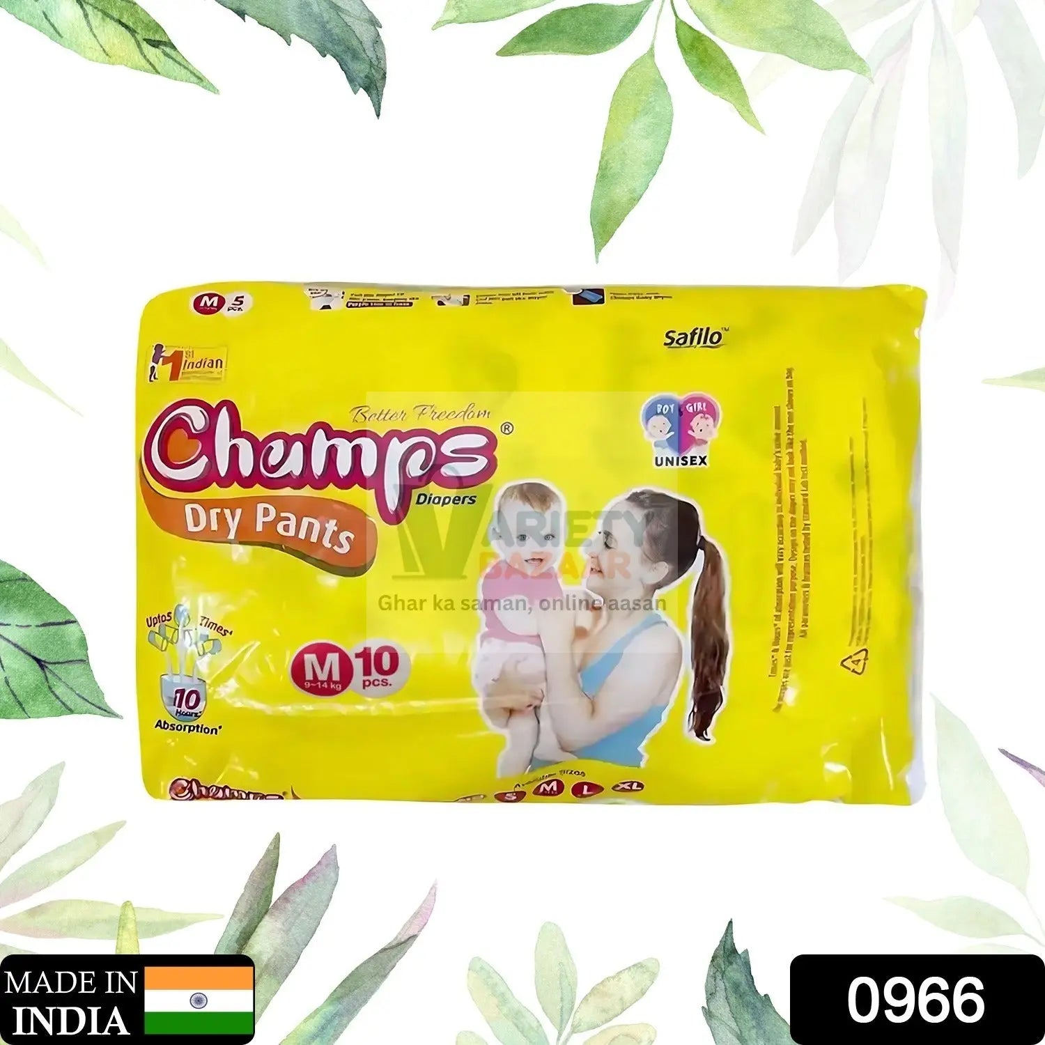 0966 Medium Champs Dry Pants Style Diaper - Medium (10 pcs) Best for Travel  Absorption, Champs Baby Diapers, Champs Soft and Dry Baby Diaper Pants (M, 10 Pcs ) Travel Sahayak