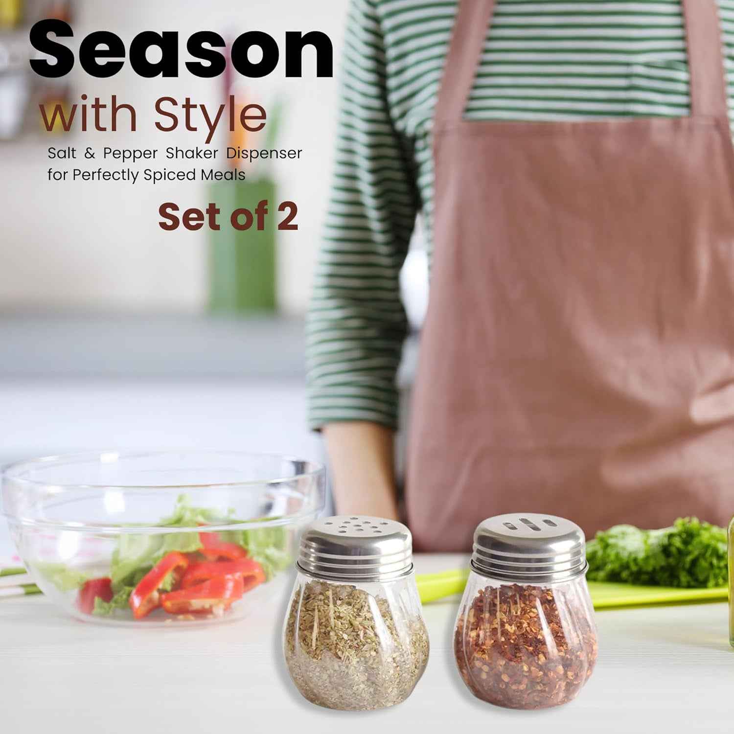 Apex Oregano  Chilli Flakes Dispenser Set  2 Pcs Glass Spice Shaker With Stainless Steel Lid