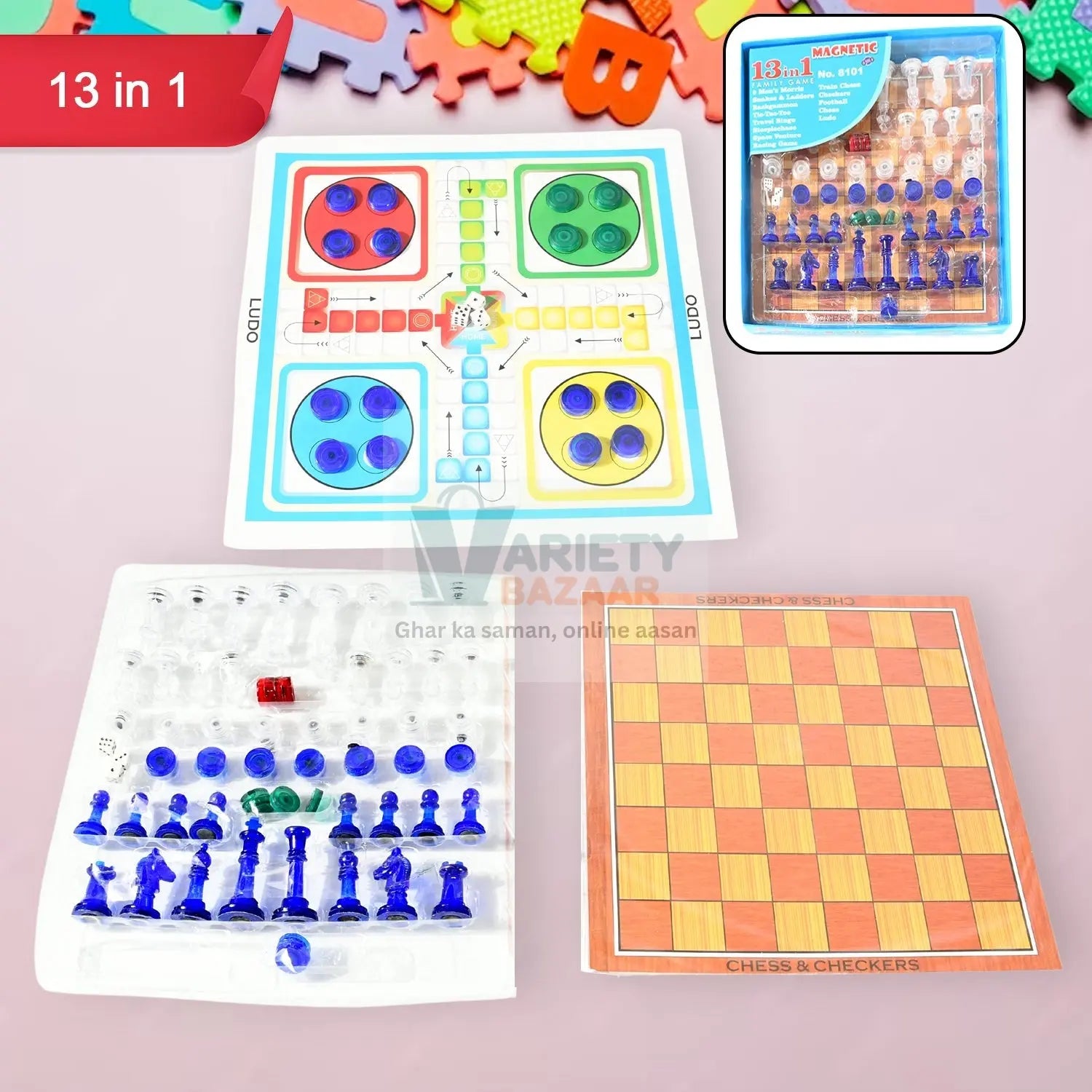 13 in 1 Family Board Game Chess, Snakes & Ladders, Ludo, Tic-Tac-Toe, Checkers, Travel Bingo, Football, Space Venture, Steeplechase Set for Kids Variety Bazaar
