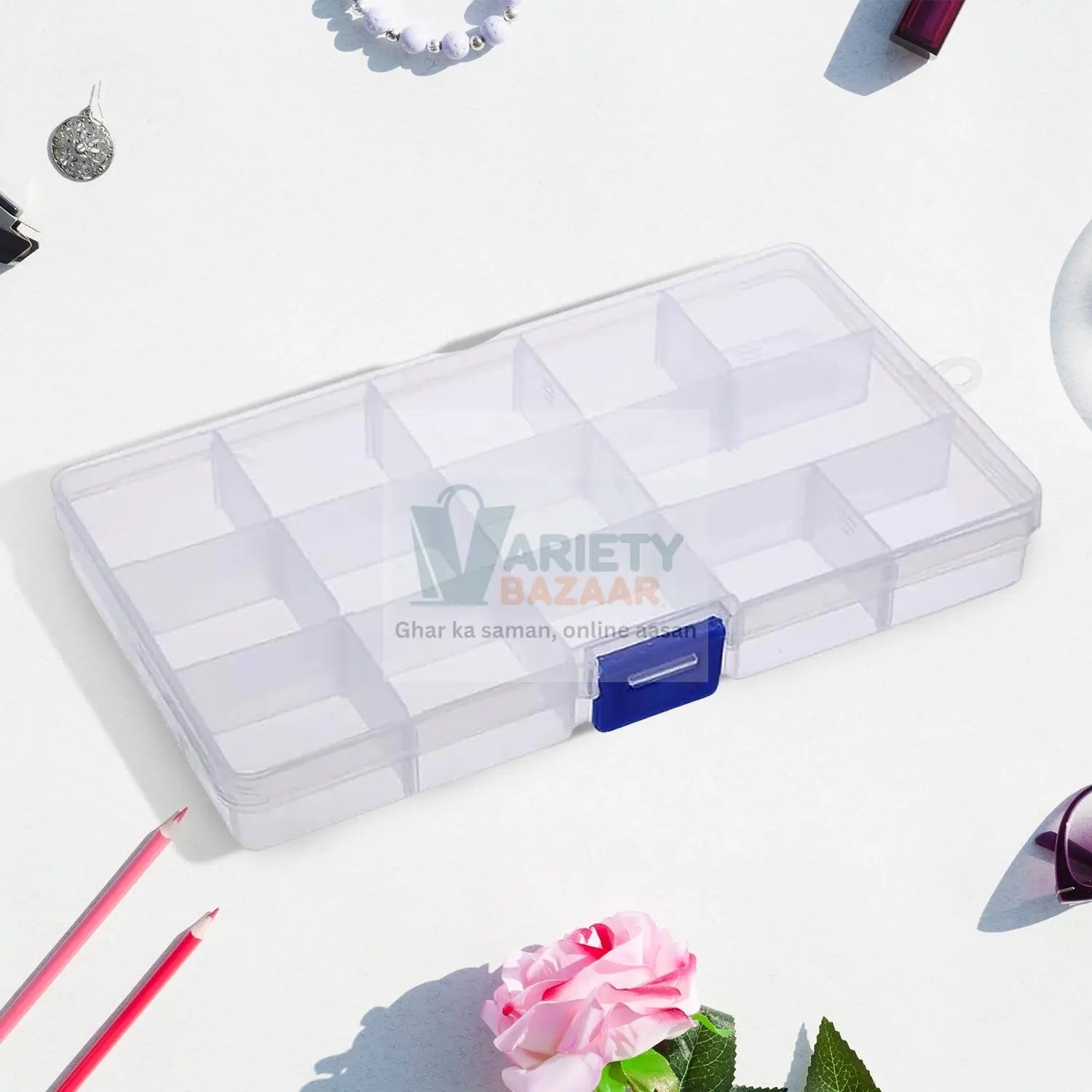 15-Grid Clear Plastic Jewelry Organizer Box with Dividers (1 Pc) Variety Bazaar