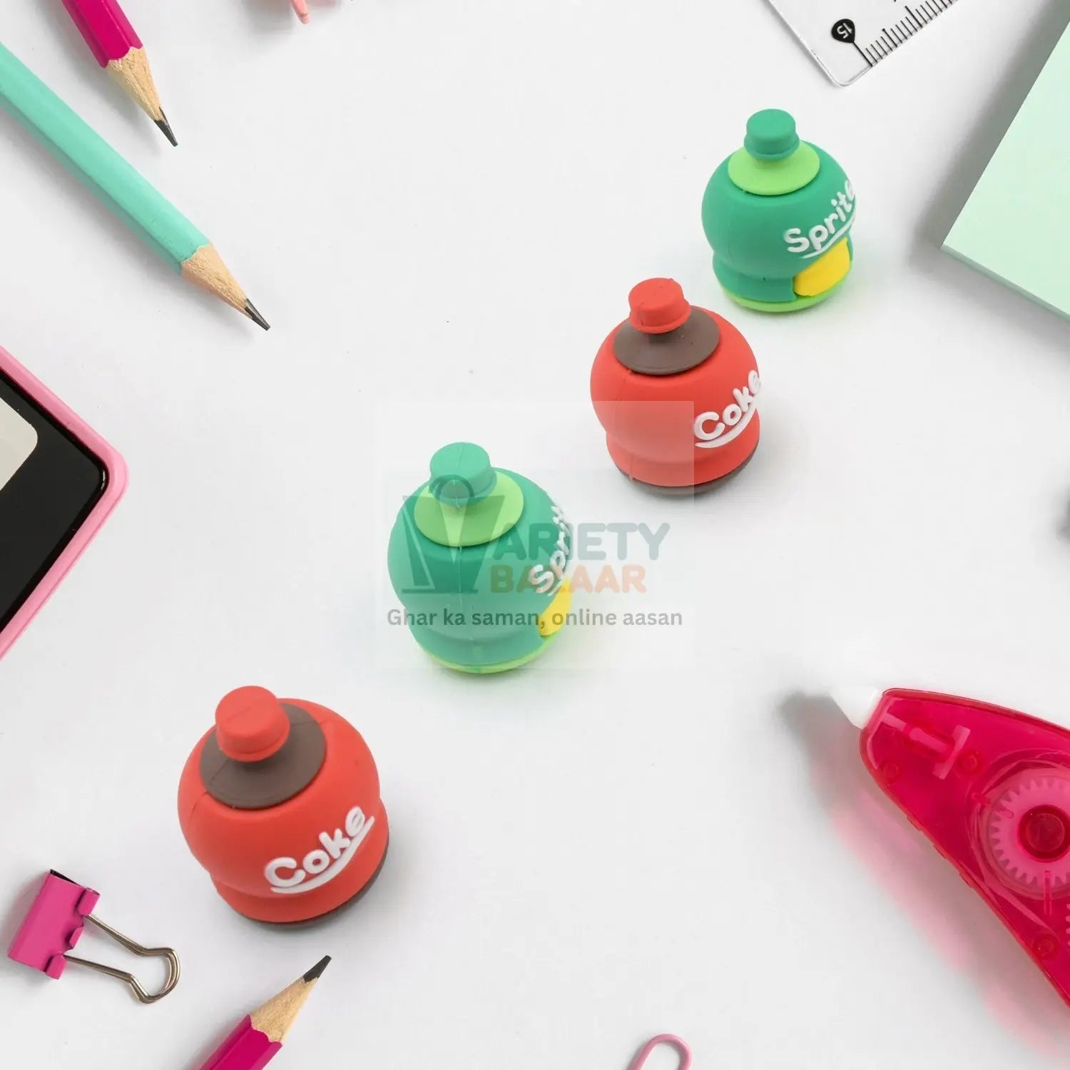 2-in-1 3D Cold Drink Bottle Shape Rubber Pencil Sharpener and Eraser Set, Stationery for Kids School Boys Girls, Birthday Return Gifts (24 Pcs Set & 1 Pc ) Travel Sahayak