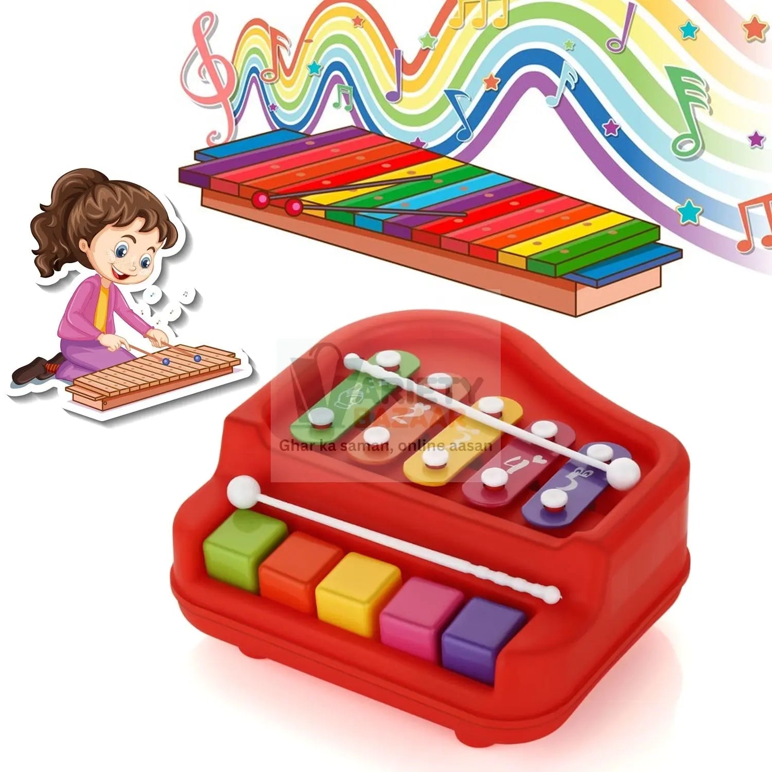 2 in 1 Baby Piano Xylophone Toy for Toddlers, 5 Multicolored Key Keyboard Xylophone Piano, Preschool Educational Musical Learning Instruments Toy for Baby Kids Girls Boys 3+ Years (1 Pc) travel sahayak