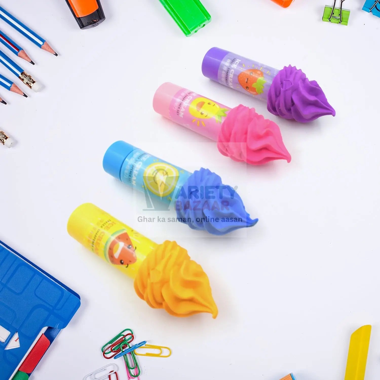 2 in1 Ice-Cream Cone Shaped Eraser Sharpener for Kids, Fancy & Stylish Colorful Erasers, Mini Eraser Creative Cute Novelty Eraser for Children Different Designs Eraser Set for Return Gift, Birthday Party, School Prize (4 Pcs Set) travel sahayak