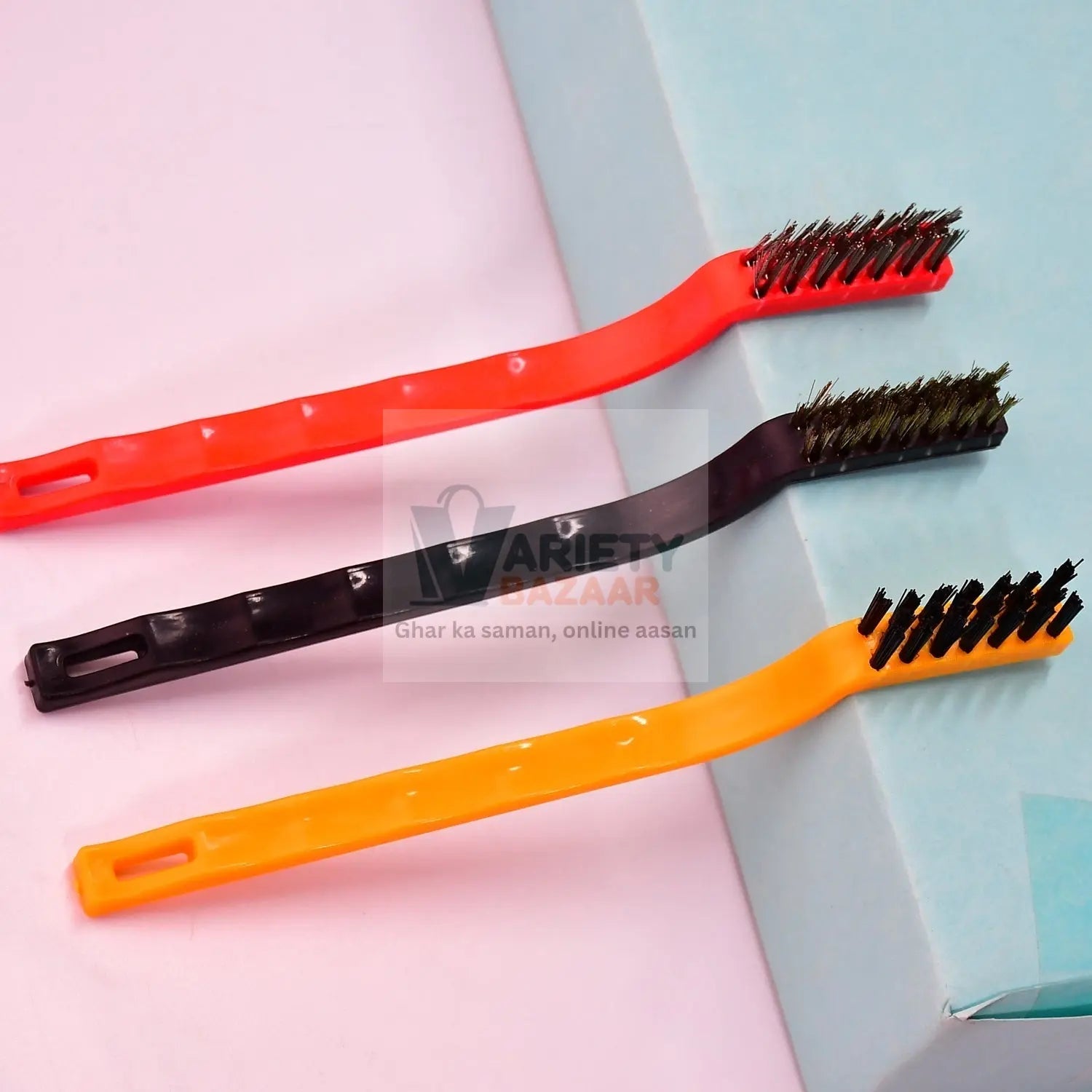2166 3pc  Mini Wire Brush Set Brass Nylon Stainless Steel Bristles Household Cleaning Brush for Gas Stove, Smoke Machine Tool Burner Tiles Tap Rust Removal Welding Slag Dirt & Paint Scrubbing. Travel Sahayak