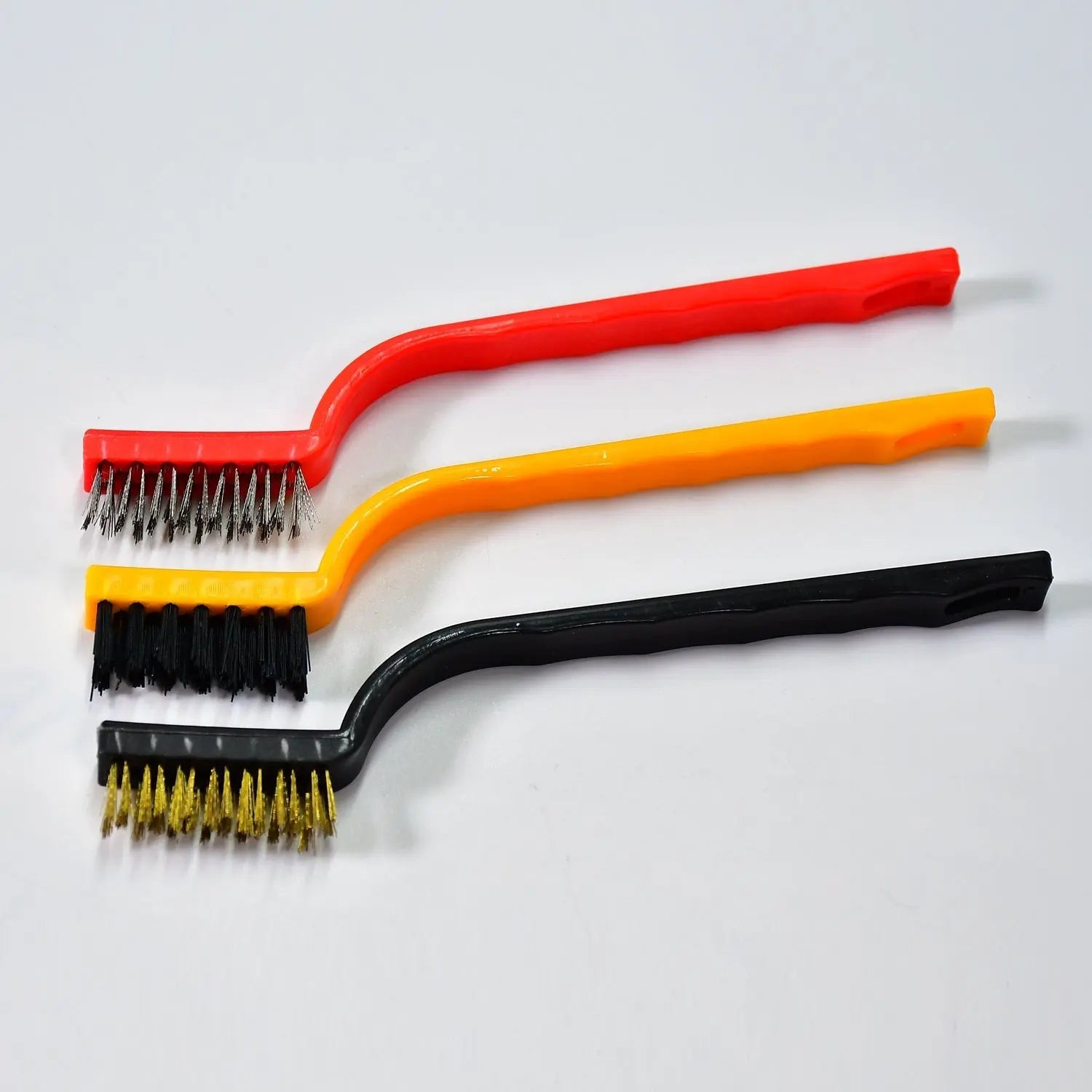 2166 3pc  Mini Wire Brush Set Brass Nylon Stainless Steel Bristles Household Cleaning Brush for Gas Stove, Smoke Machine Tool Burner Tiles Tap Rust Removal Welding Slag Dirt & Paint Scrubbing. Travel Sahayak
