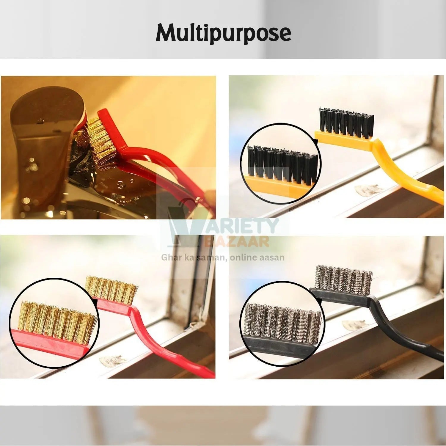2166 3pc  Mini Wire Brush Set Brass Nylon Stainless Steel Bristles Household Cleaning Brush for Gas Stove, Smoke Machine Tool Burner Tiles Tap Rust Removal Welding Slag Dirt & Paint Scrubbing. Travel Sahayak