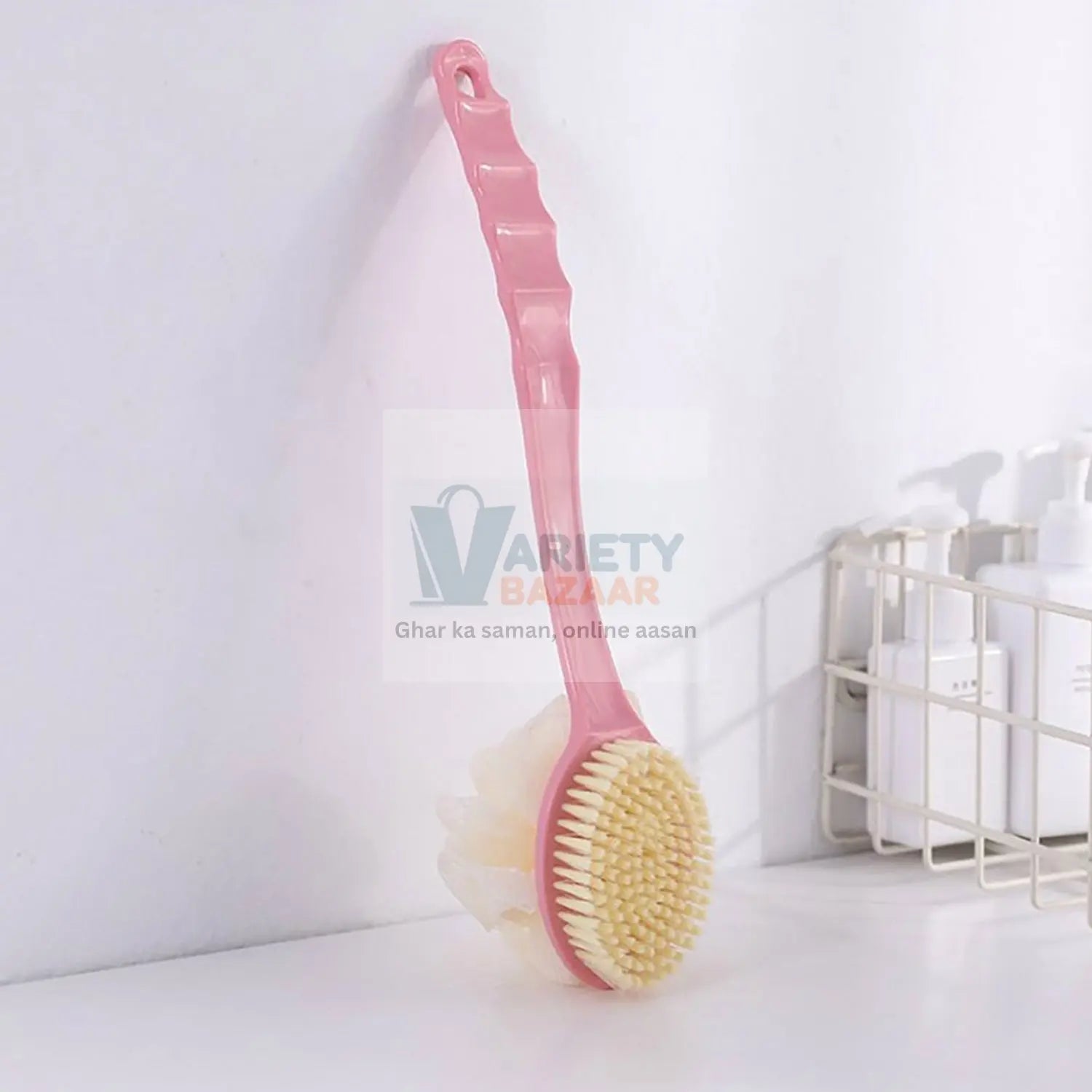 2-in-1 bath brush with long handle for easy use.