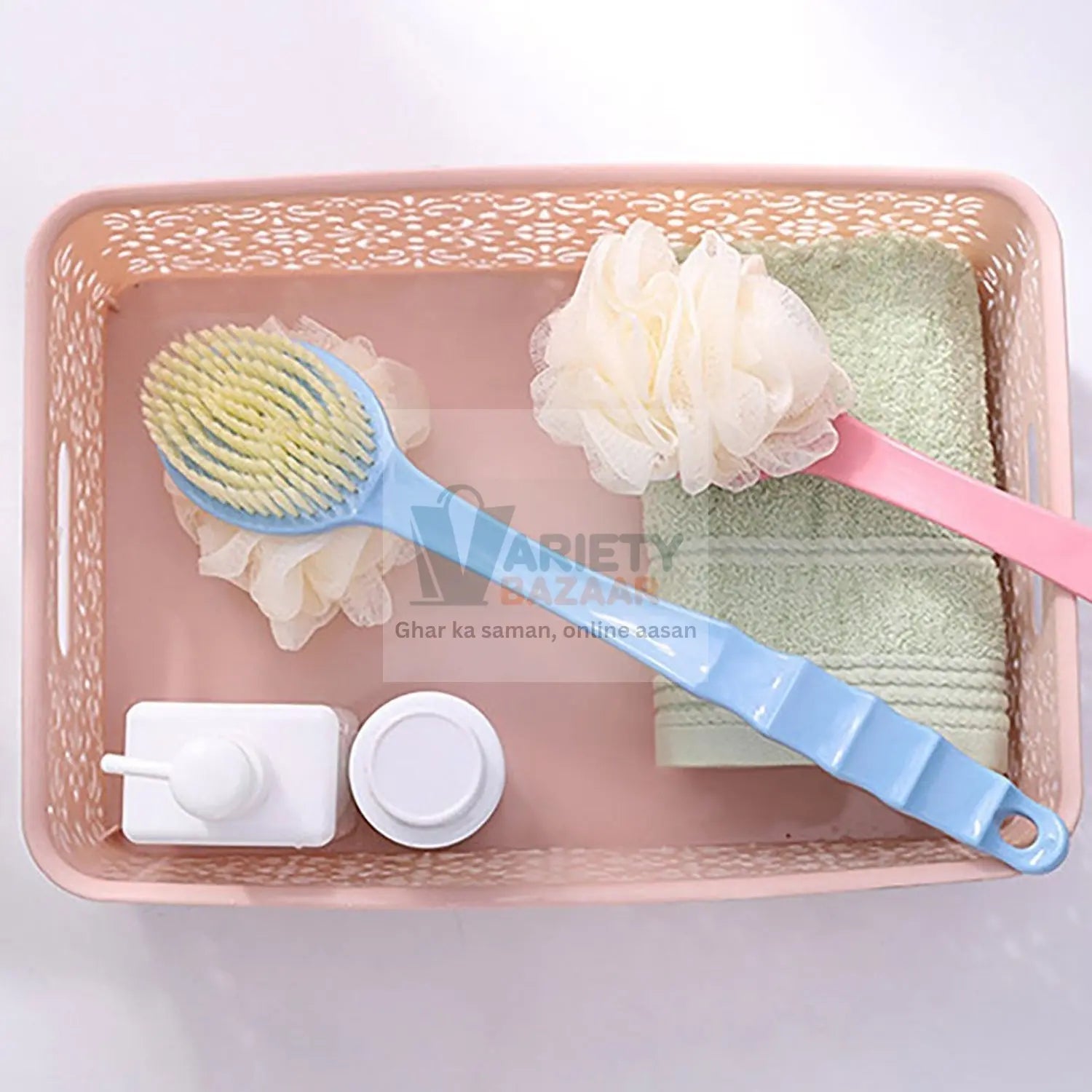 Bath brush with extended handle, 2-in-1 design for convenience.