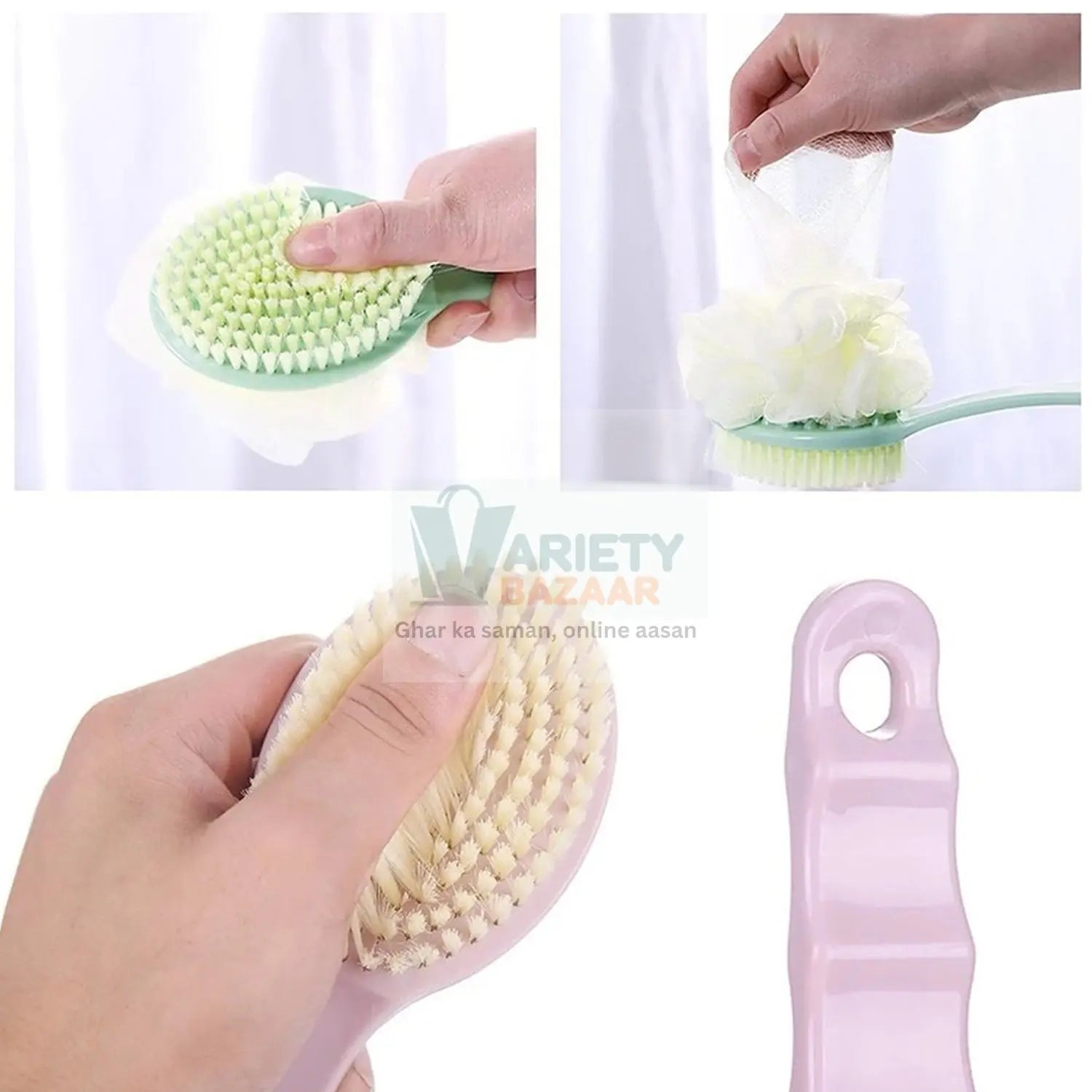 Bath brush with extended handle, 2-in-1 design for convenience.
