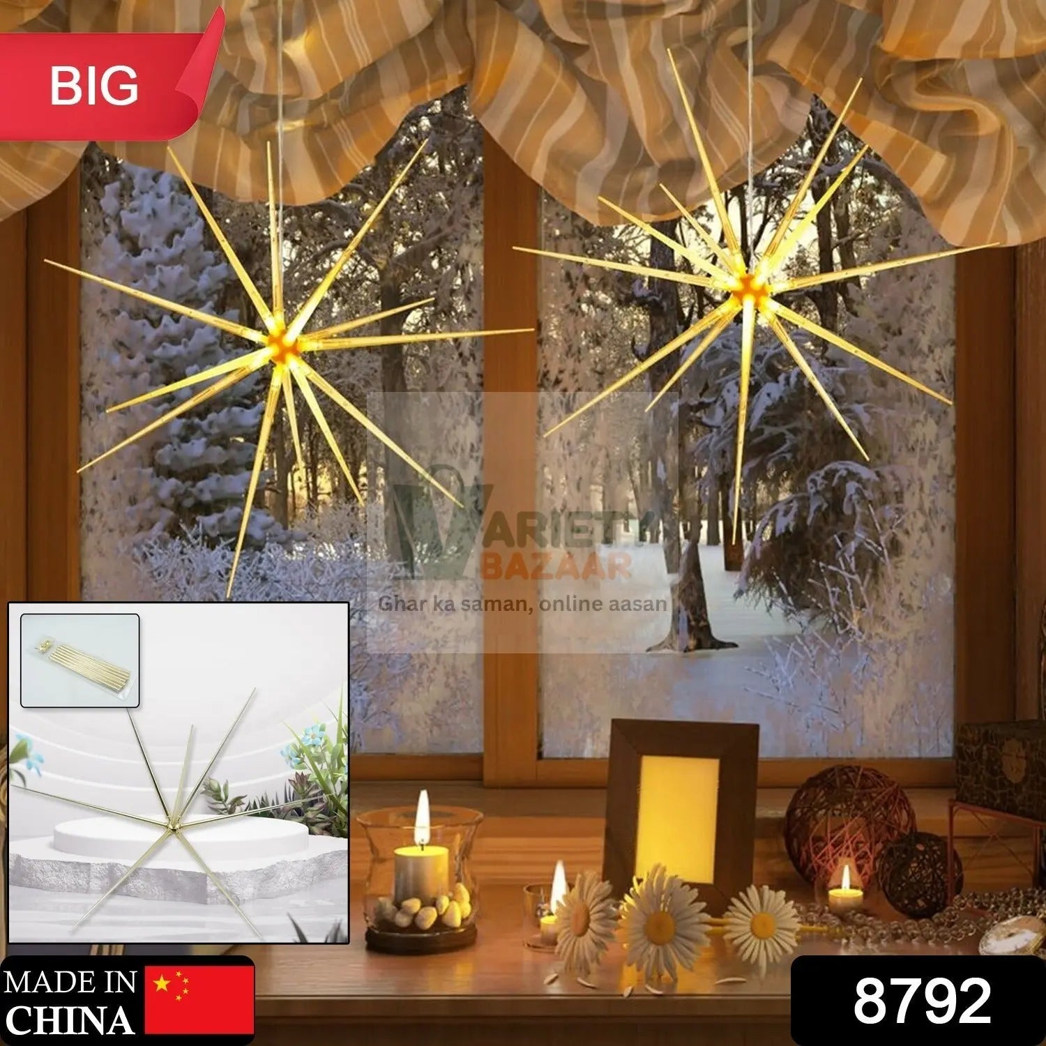 3D Gold Star Hanging Decoration Star, Acrylic Look  Hanging Luminous Star for Windows, Home, Garden Festive Embellishments for Holiday Parties Weddings Birthday Home Decoration ( Big / Medium, Small ) Travel Sahayak