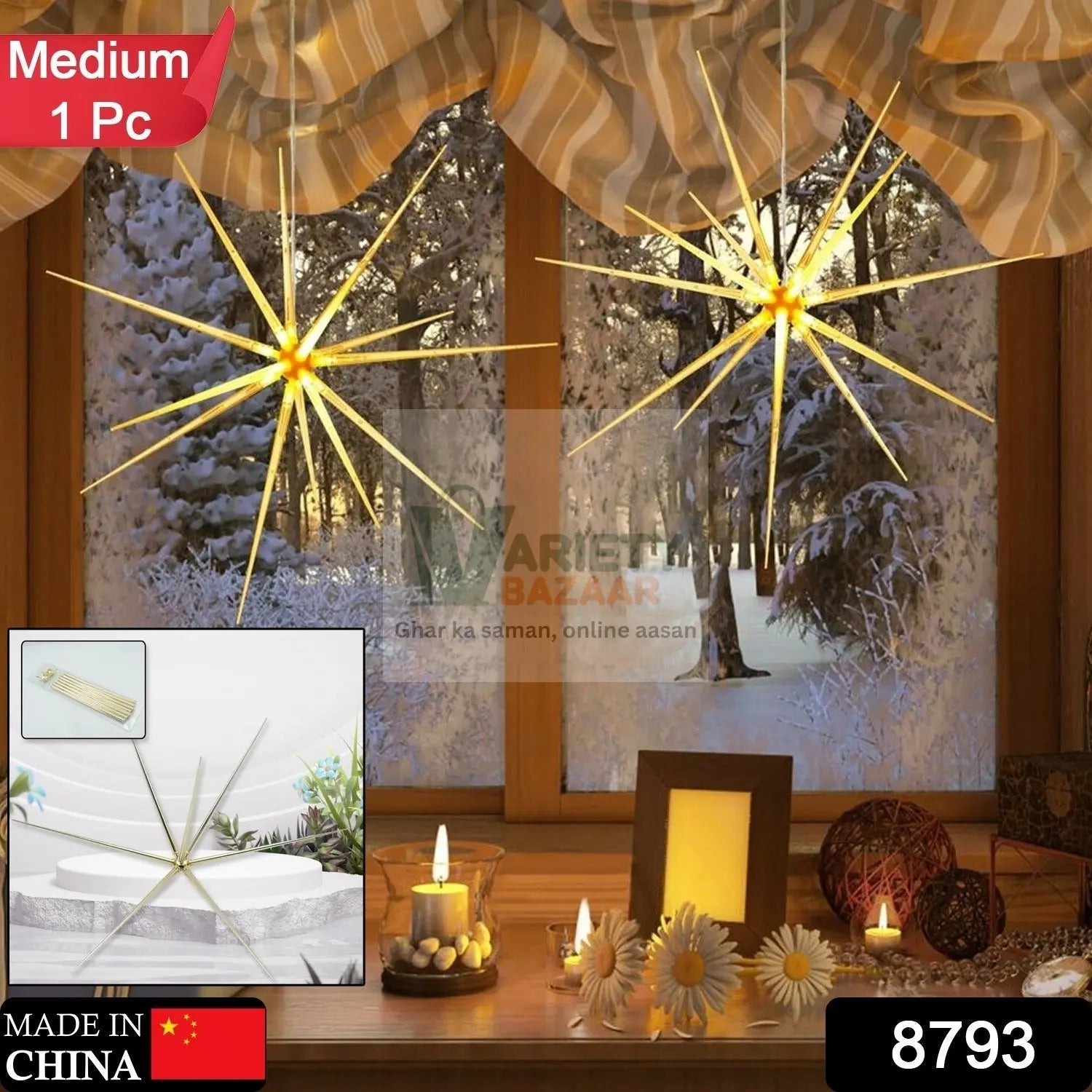 3D Gold Star Hanging Decoration Star, Acrylic Look  Hanging Luminous Star for Windows, Home, Garden Festive Embellishments for Holiday Parties Weddings Birthday Home Decoration ( Big / Medium, Small ) Travel Sahayak