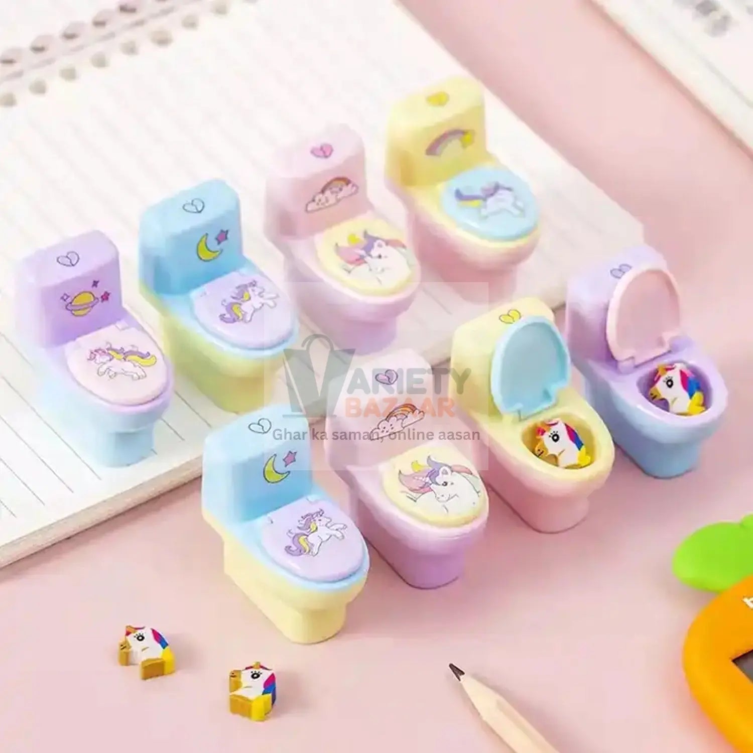 4556 Toilet Pencil Sharpener Plastic Pencil Sharpener Novelty Pencil Sharpener, Cute Cartoon, Stationery Gift, Small Toilet Shaped Sharpener with Eraser Wheel for School Kids (2 Pc Set) Travel Sahayak
