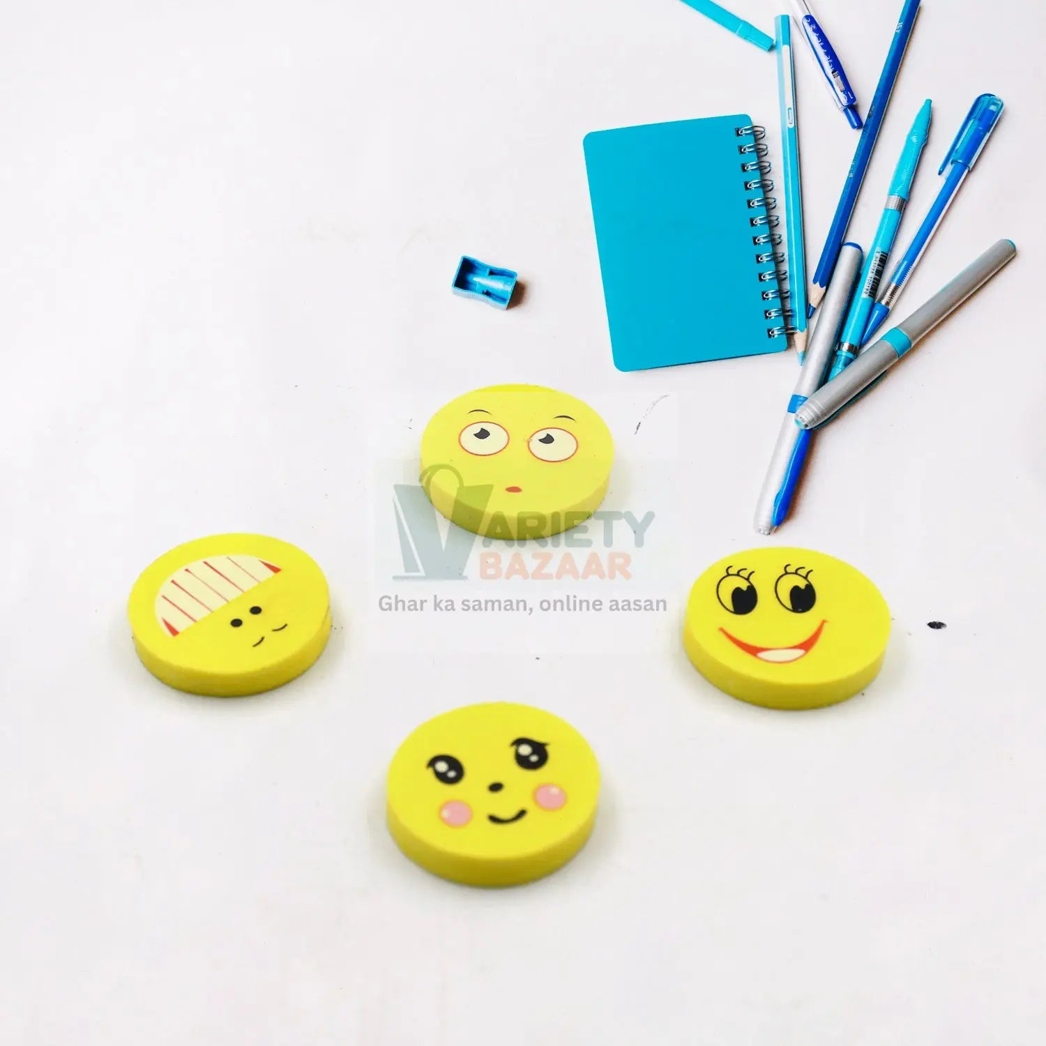 4564 Cute Smile Emoji Erasers, Cute Smile Face Rubber Eraser Dentist Dental Clinic School Kid for School Going Kids/Birthday Party Return Gift Set (4pc Set) Travel Sahayak
