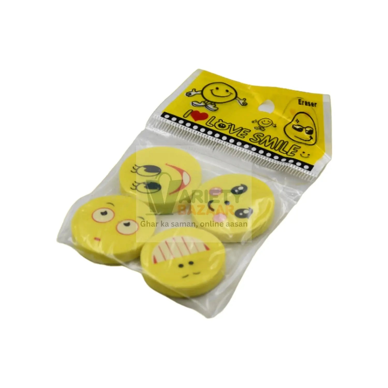 4564 Cute Smile Emoji Erasers, Cute Smile Face Rubber Eraser Dentist Dental Clinic School Kid for School Going Kids/Birthday Party Return Gift Set (4pc Set) Travel Sahayak