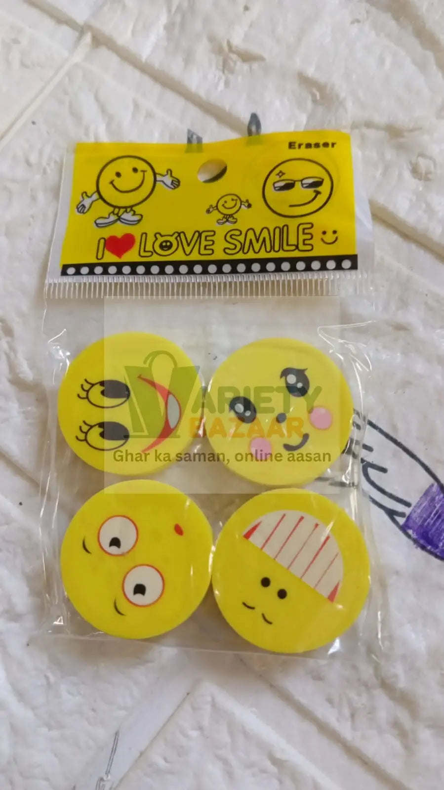 4564 Cute Smile Emoji Erasers, Cute Smile Face Rubber Eraser Dentist Dental Clinic School Kid for School Going Kids/Birthday Party Return Gift Set (4pc Set) Travel Sahayak