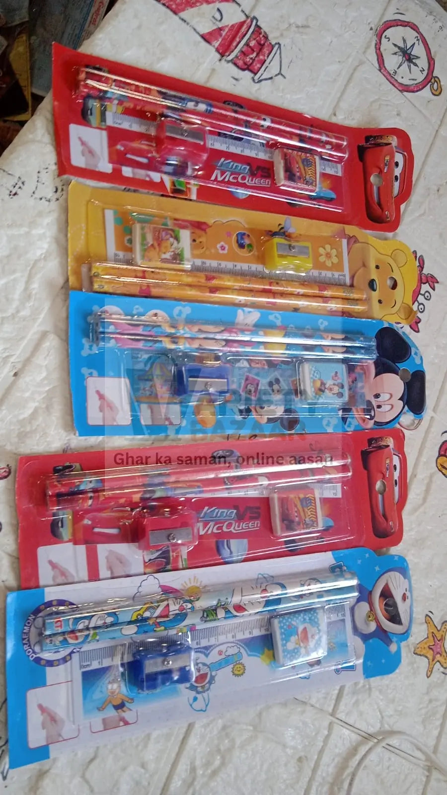 4643 Mix Design Cartoon Wooden Pencil Set, Stationary Set 5 in 1 Items Educational Item for School Going Kids, Stationary Set for Girls Boys/Stationary for School/Gift Pack for Girls Kids/Birthday Gift Kids (5 Pc Set ) Travel Sahayak