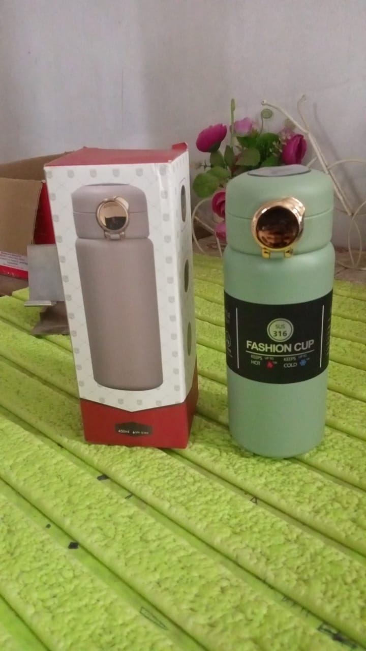 Thermos steel Bottle, 450 ML, Push Button | Fashion cup Temperature Display Bottle travel sahayak