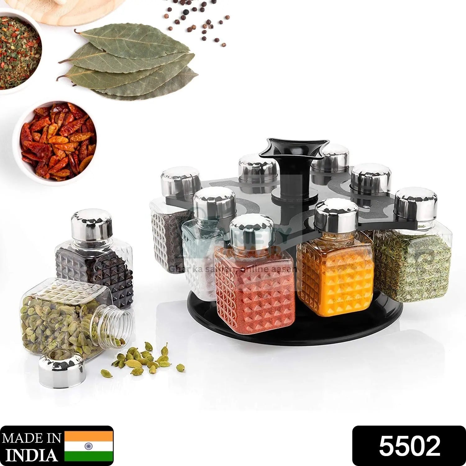 5502 All New Square 8 Bottle Design 360 Degree Revolving Spice Rack Container Condiment, Pieces Set, Square Small Container Travel Sahayak