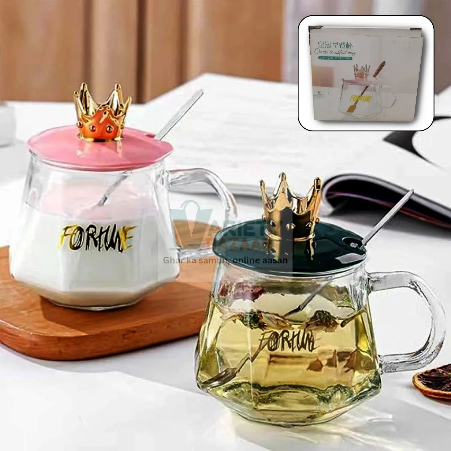 5540 Tea-Coffee Mug Golden Crown Shape and Stainless Spoon, Glass Cup With Hand, Milk, Chocolate and Beverage, Tea and Water, Clear Drinking Cups (1 Pc) Travel Sahayak