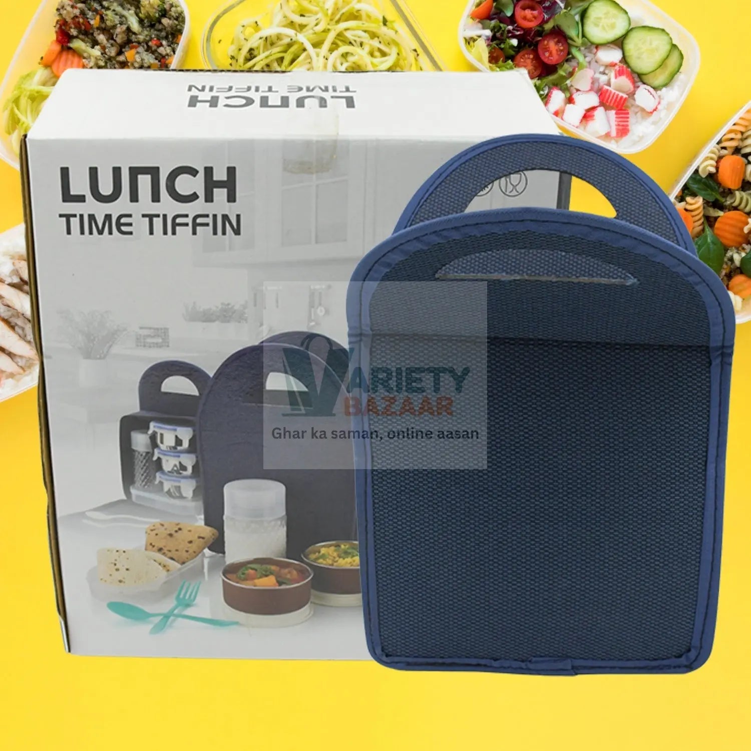 5773 6In1 Tiffin Box-Lunch Box | 3 Stainless Steel Containers | Plastic lid Box | Spoon & Fork /Plastic Bottle | Insulated Fabric Bag | Leak Proof | Microwave Safe  for Office, College and School for Men, Women (6 pcs) Travel Sahayak