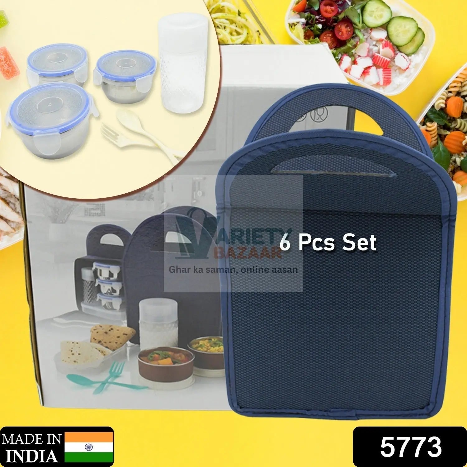 5773 6In1 Tiffin Box-Lunch Box | 3 Stainless Steel Containers | Plastic lid Box | Spoon & Fork /Plastic Bottle | Insulated Fabric Bag | Leak Proof | Microwave Safe  for Office, College and School for Men, Women (6 pcs) Travel Sahayak