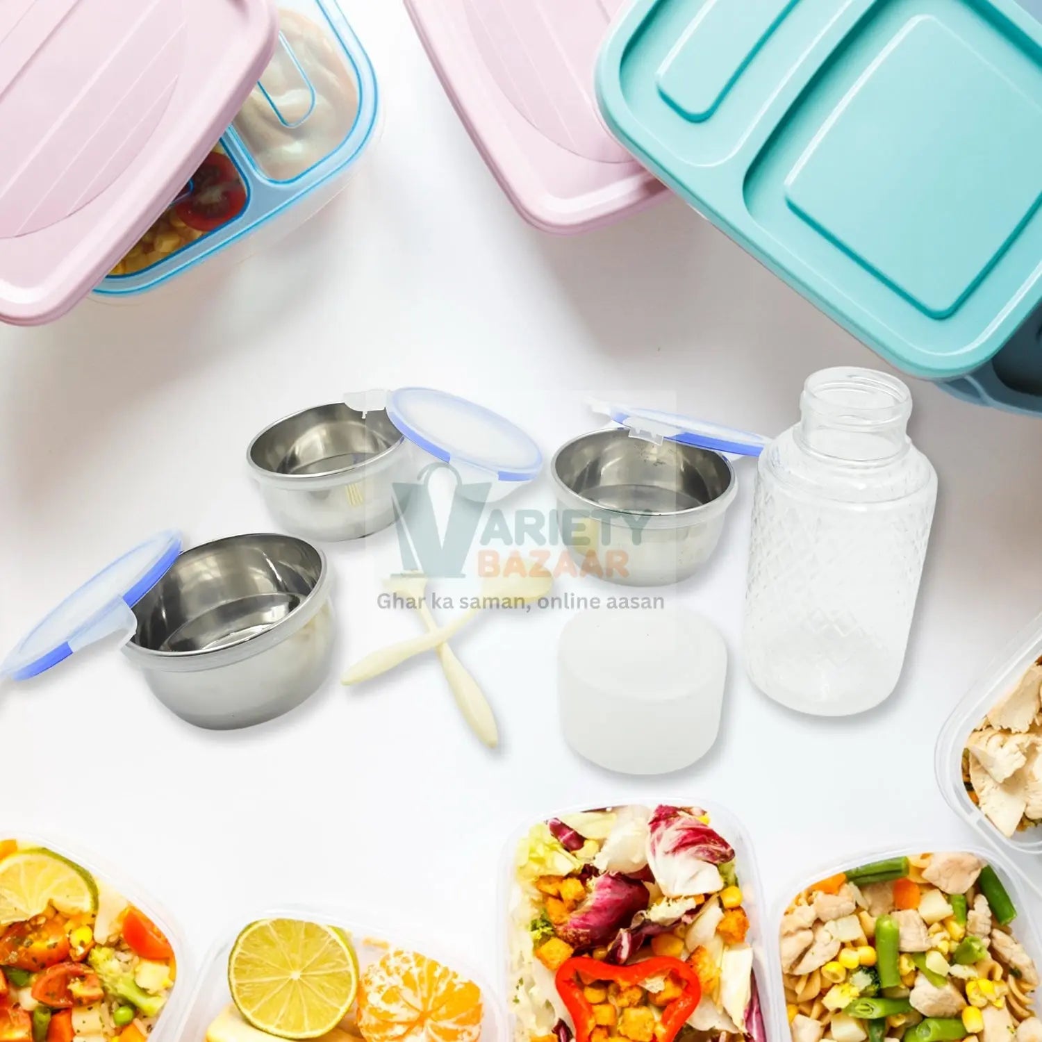5773 6In1 Tiffin Box-Lunch Box | 3 Stainless Steel Containers | Plastic lid Box | Spoon & Fork /Plastic Bottle | Insulated Fabric Bag | Leak Proof | Microwave Safe  for Office, College and School for Men, Women (6 pcs) Travel Sahayak