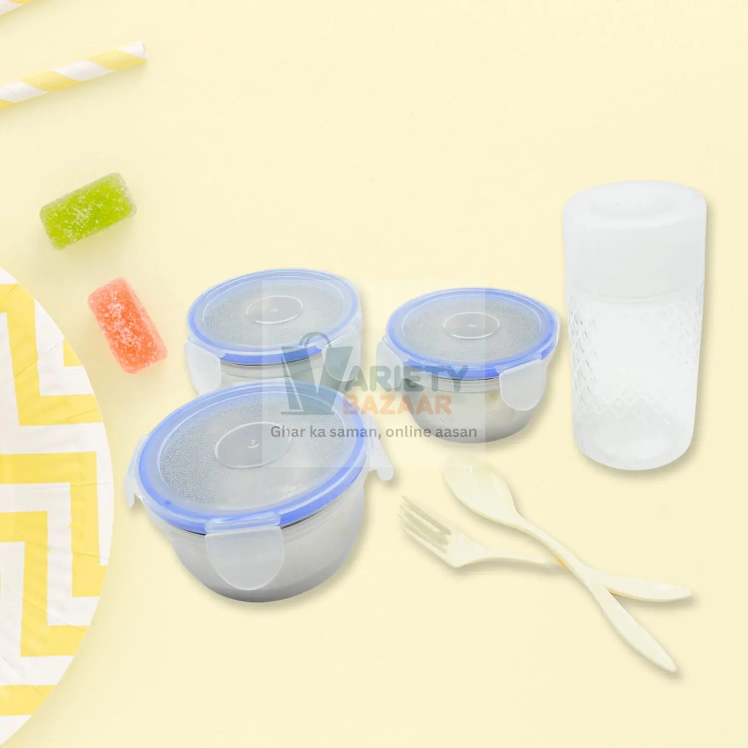 5773 6In1 Tiffin Box-Lunch Box | 3 Stainless Steel Containers | Plastic lid Box | Spoon & Fork /Plastic Bottle | Insulated Fabric Bag | Leak Proof | Microwave Safe  for Office, College and School for Men, Women (6 pcs) Travel Sahayak