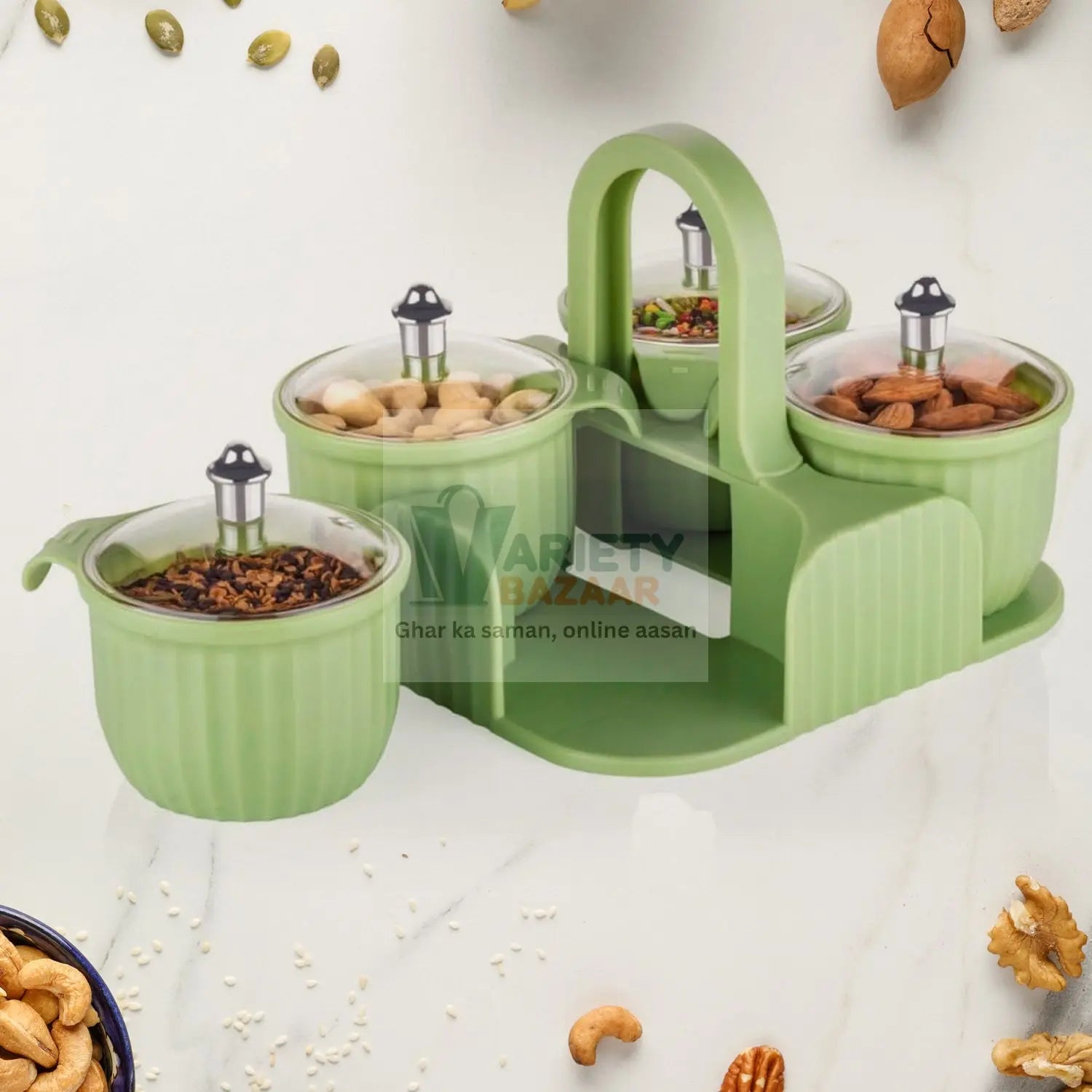 5779 Multipurpose Jar Dryfruit Set,  Candy, Chocolate, Snacks Storage Jar, Masala Jar  for Home and Kitchen Airtight Dry Fruit Plastic Storage Container Tray Set With Lid & 4 Serving Jar Container for Sweets,Chips,Cookies|(4 Pc Set) Travel Sahayak