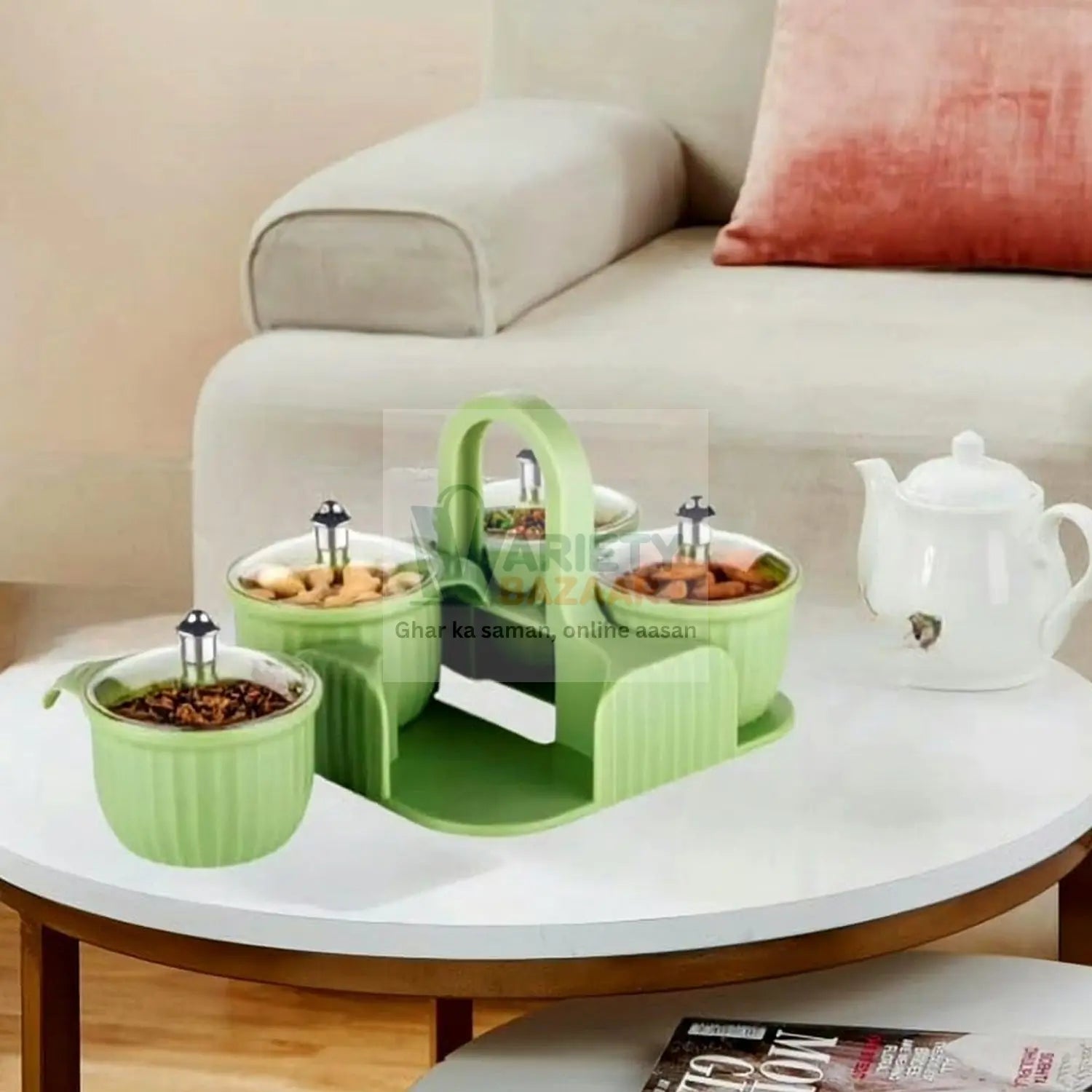 5779 Multipurpose Jar Dryfruit Set,  Candy, Chocolate, Snacks Storage Jar, Masala Jar  for Home and Kitchen Airtight Dry Fruit Plastic Storage Container Tray Set With Lid & 4 Serving Jar Container for Sweets,Chips,Cookies|(4 Pc Set) Travel Sahayak