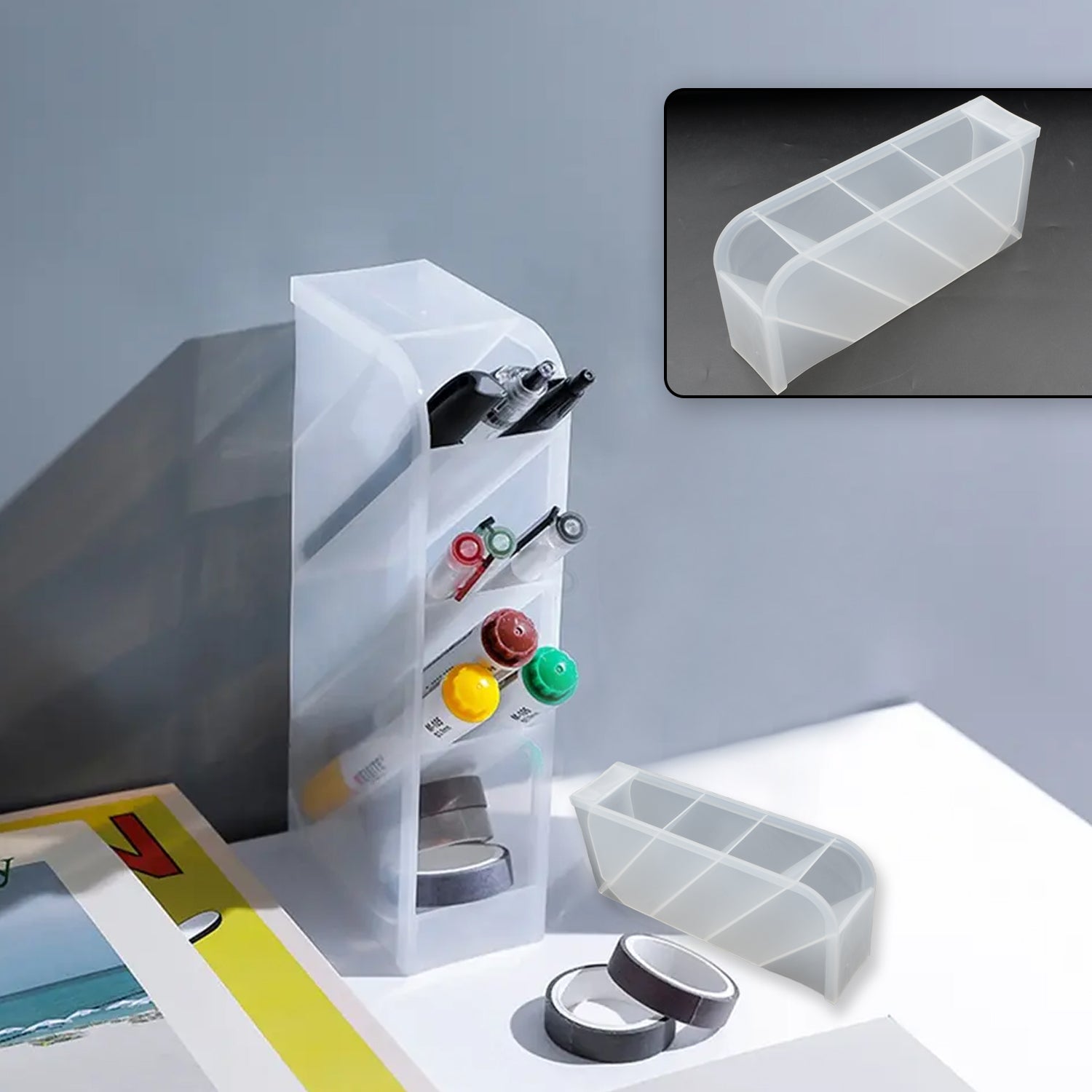 Plastic 4 Compartment Office Desktop Storage Box, Pen Pencil Stand/Holder Stationary Organizer, Plastic Desktop Stationary Organizer For School travel sahayak