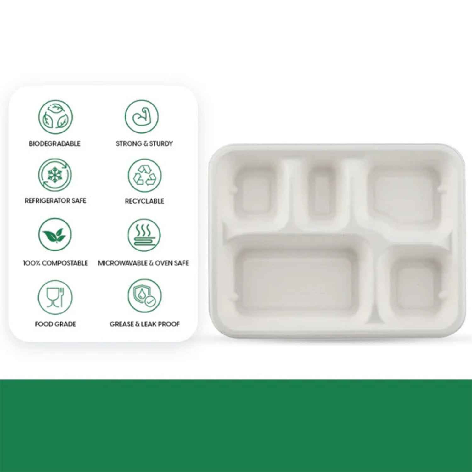 5-compartment Rectangle Lunch Compostable Bagasse Plate  10 Pcs Pack