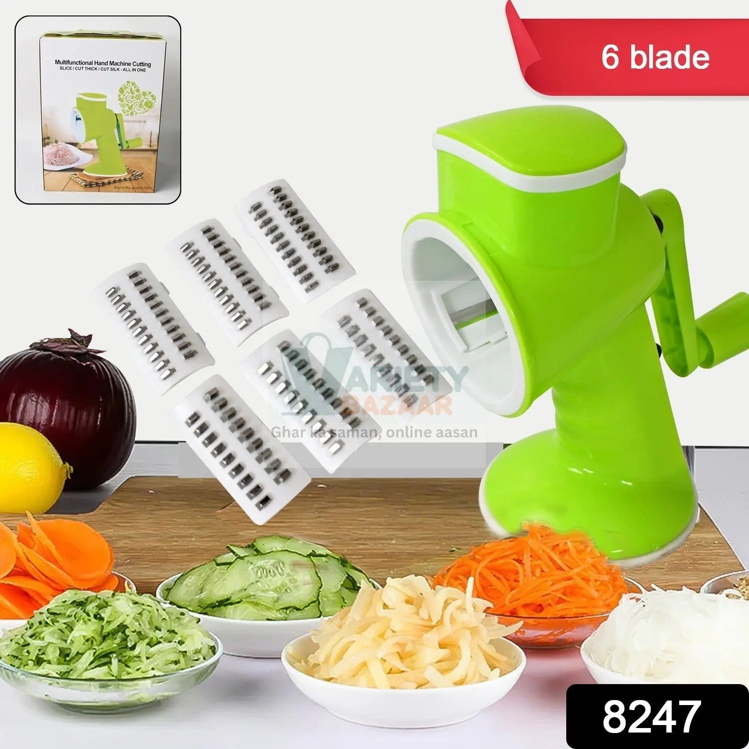 6 in 1 Multi functional Vegetable Cutter & Slicer Hand Machine Cutting, Slice, Cut Thick, Cut Silk All in one –Vegetable Chopper Cutter & Slicing Cutter Barrel - Vegetable Grater with 6 Removable Blades Variety Bazaar