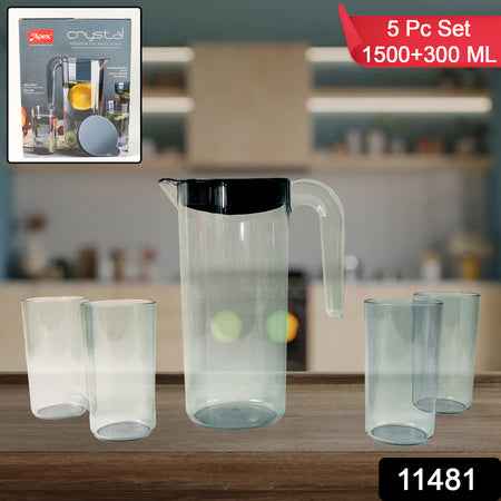 Apex Crystal Premium Jug With Lid  4 Pcs Glass (1500 Ml  300 Ml Approx  5 Pcs Set)