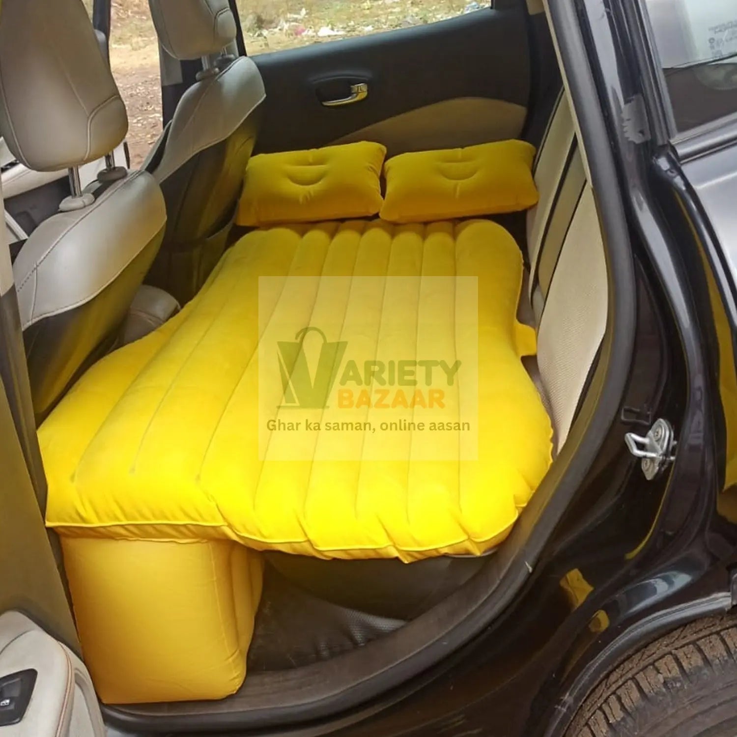8043 Car Inflatable Bed with 2 Pillows &  Air Pump (Portable) For Travel, Camping, Vacation | Polyester Inflatable Travel Car Bed Air Sofa with Two Inflatable Pillow and Air Pump for Car Back Seat, Air Pump Random Colour Travel Sahayak