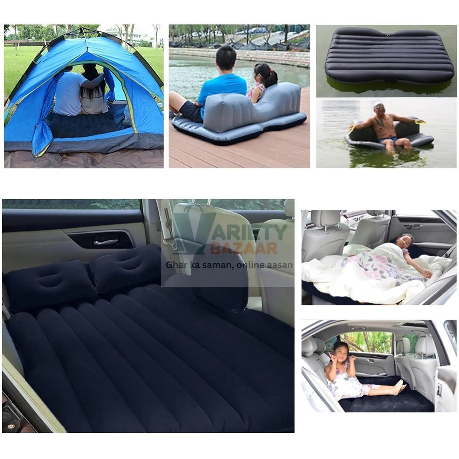 8043 Car Inflatable Bed with 2 Pillows &  Air Pump (Portable) For Travel, Camping, Vacation | Polyester Inflatable Travel Car Bed Air Sofa with Two Inflatable Pillow and Air Pump for Car Back Seat, Air Pump Random Colour Travel Sahayak