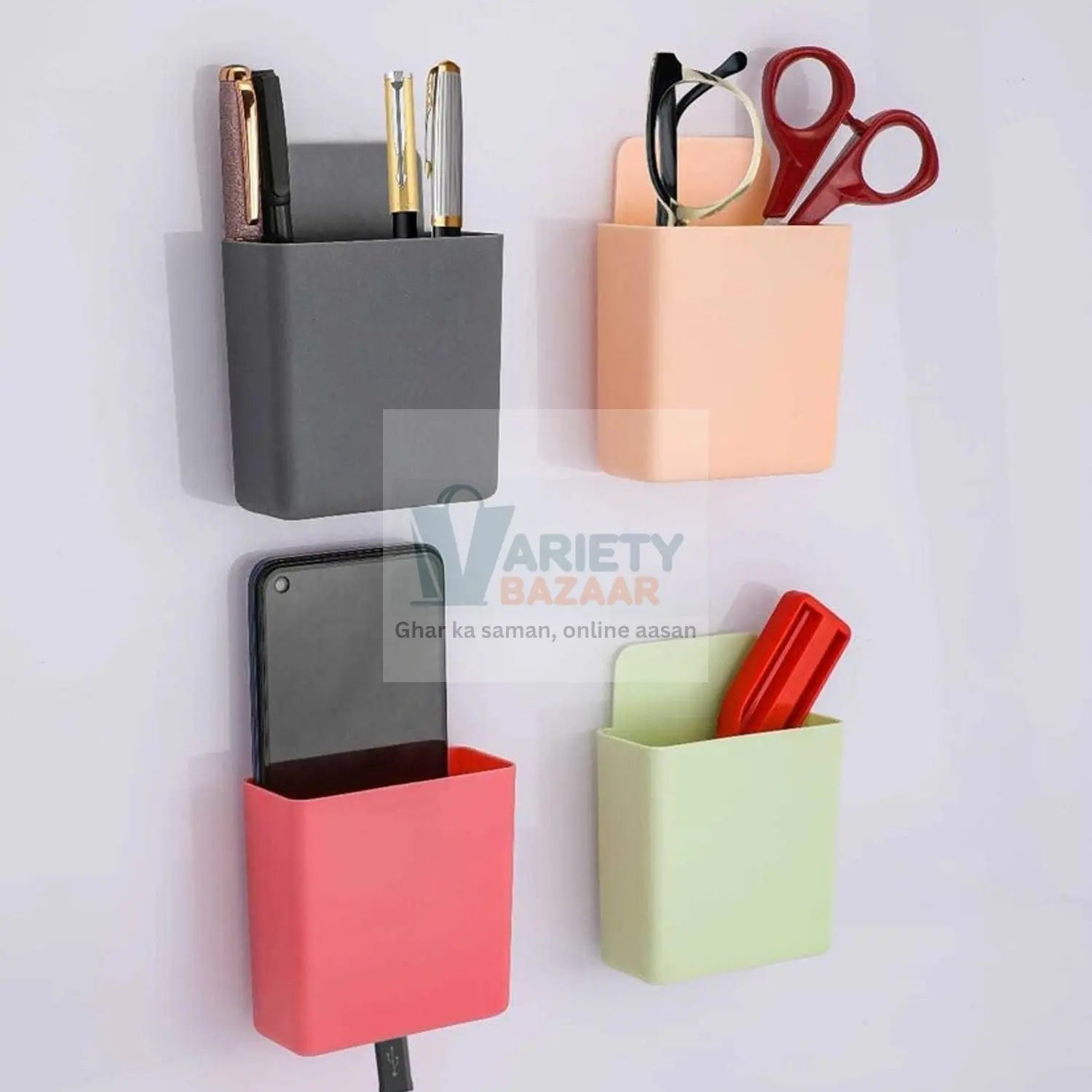8485  Multipurpose Plastic Wall Mounted Remote & Mobile Holder Stand – (Pack of 4) Travel Sahayak