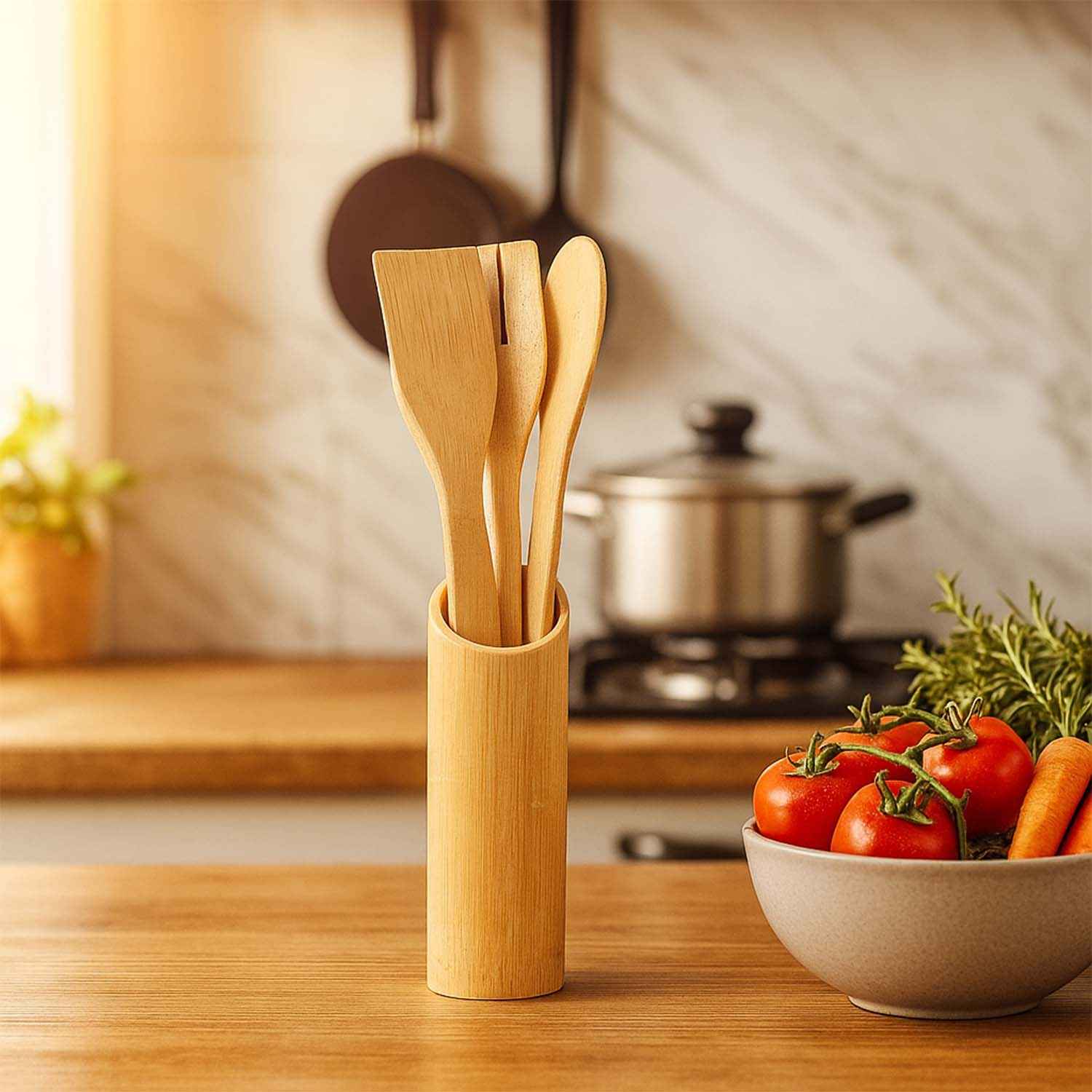 Eco-friendly Bamboo Spatula Set With Holder (4 Pc)