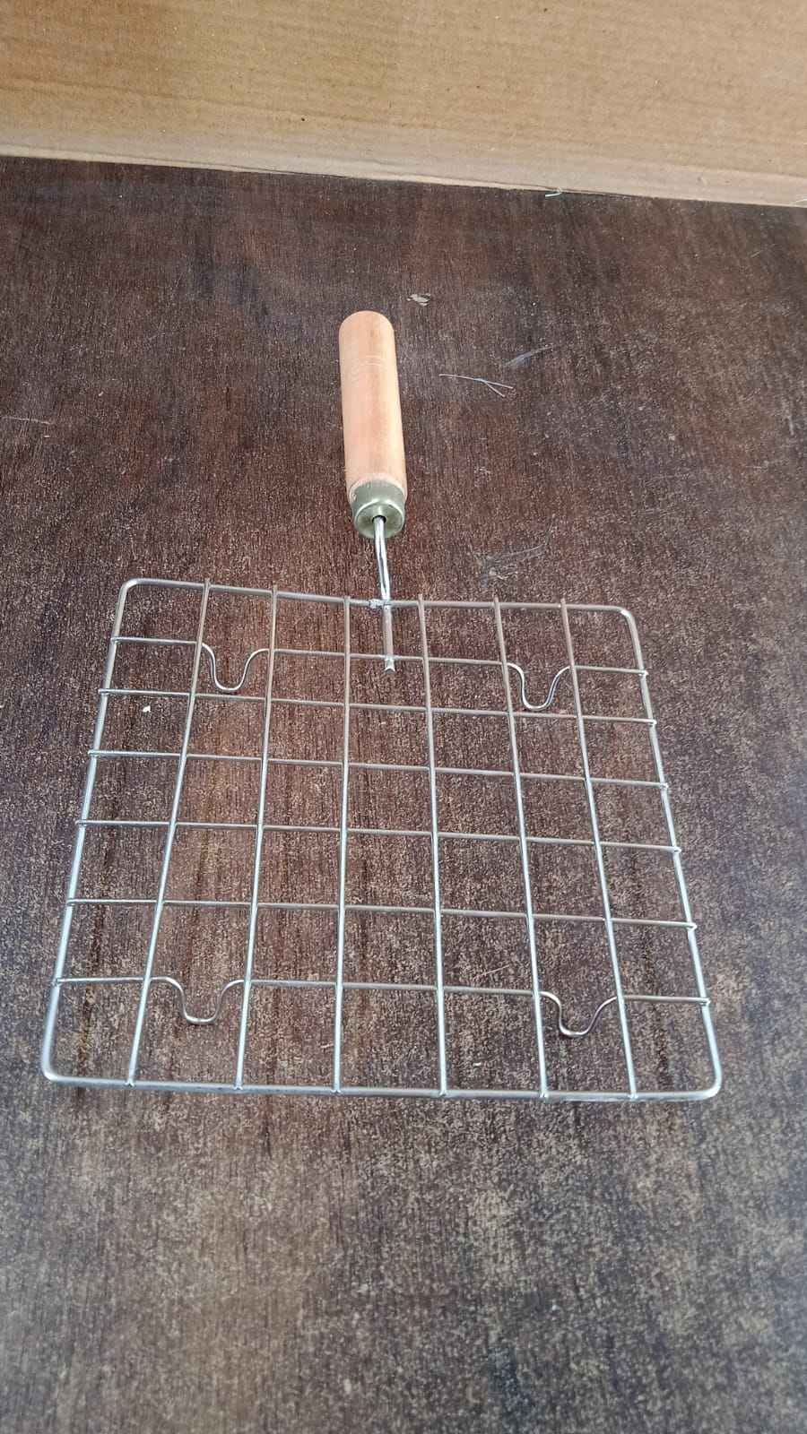 Stainless Steel Square Papad jali, Barbecue Grill Rack with Wooden Handle (1 Pc)