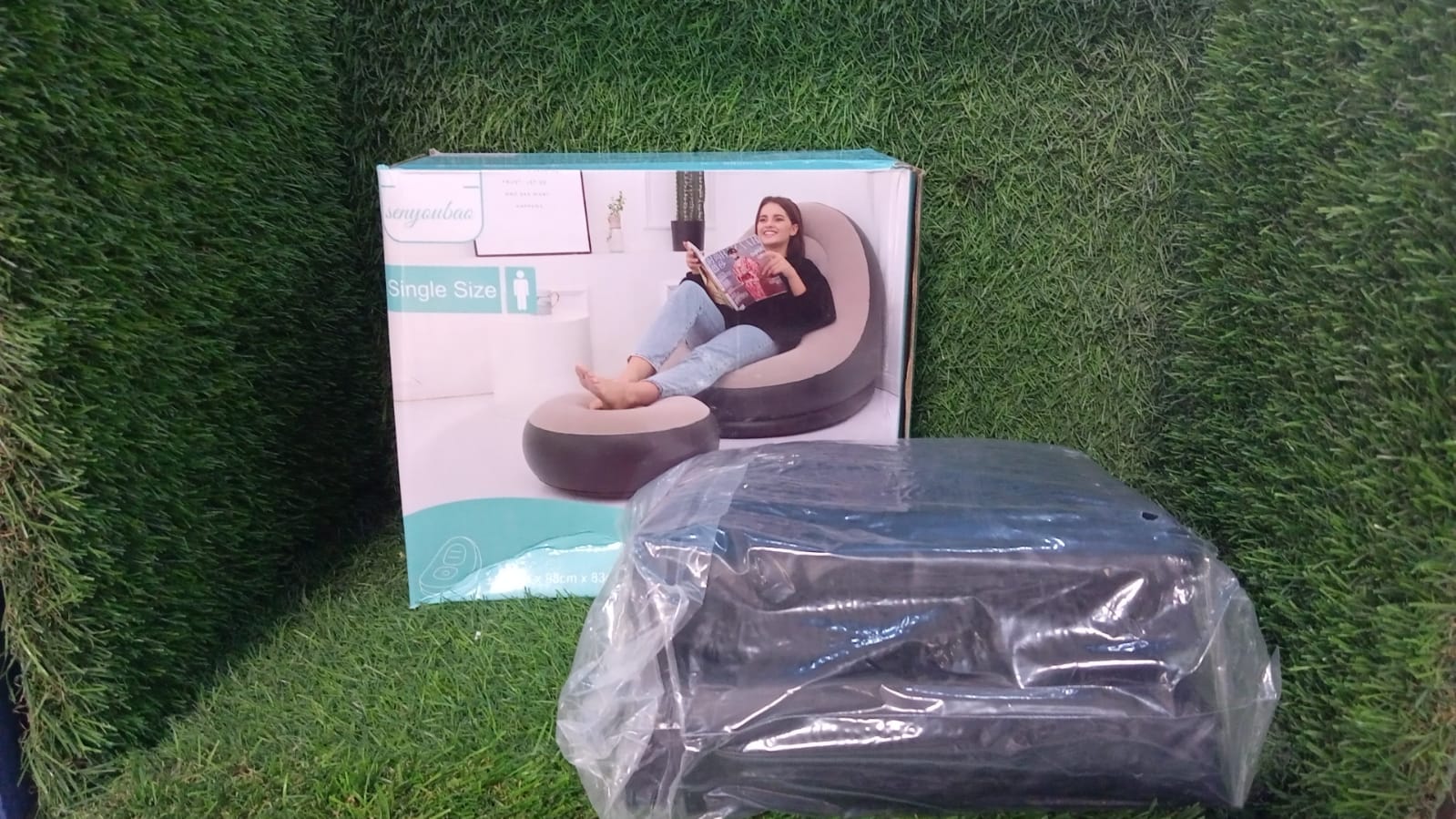 8062 Inflatable Sofa Lounge Chair Ottoman, Blow Up Chaise Lounge Air Sofa, Indoor Flocking Leisure Couch for Home Office Rest, Inflated Recliners Portable Deck Chair for Outdoor Travel Camping Picnic. Travel Sahayak