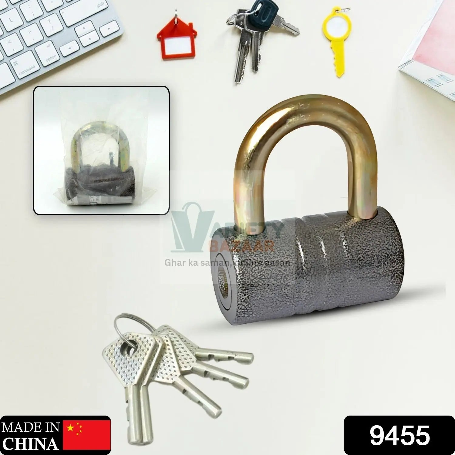9455 Iron Pad lock, Brass Core and Thickened Spray Black Iron Door Lock With 5 pc Keys for Home Dormitory, Waterproof Antirust Anti-theft Padlocks Outdoor Gate Shed Locks Warehouse Big Iron Door Drawer Lock (82 mm ) Travel Sahayak