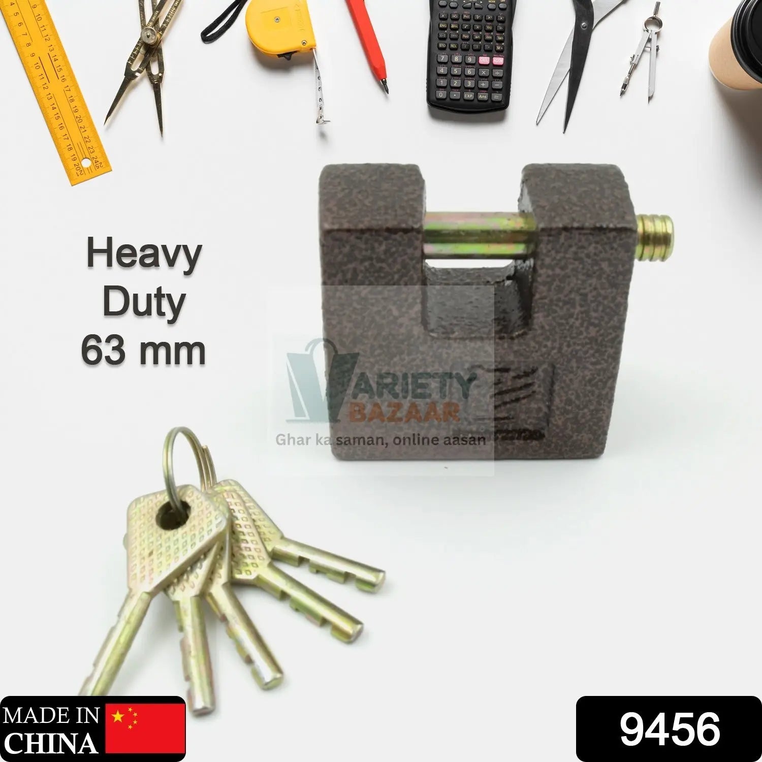 9456 Iron Pad lock, Brass Core and Thickened Spray Black Iron Door Lock With 5 pc Keys for Home Dormitory, Waterproof Antirust Anti-theft Padlocks Outdoor Gate Shed Locks Warehouse Big Iron Door Drawer Lock (63 mm ) Travel Sahayak