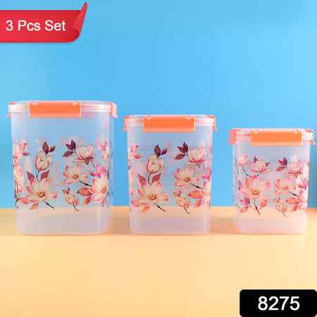 Square 3 Pcs Floral Printed Airtight Storage Container Set  Approx 2.8 Ltr 4.5 Ltr 6.9 Ltr (3 Pcs Set)