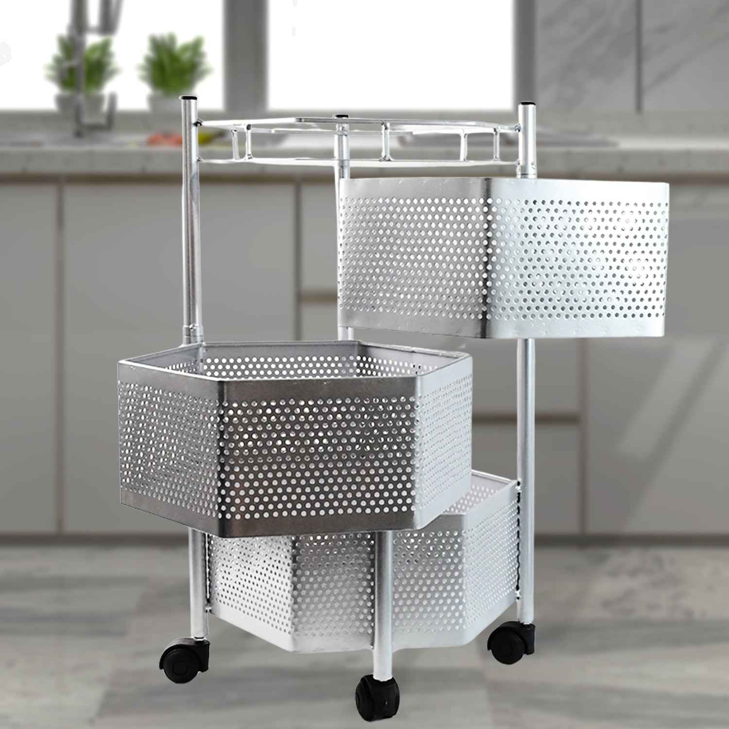Premium 3-layer Hexagon Kitchen Storage Trolley With Wheels (1 Pc)