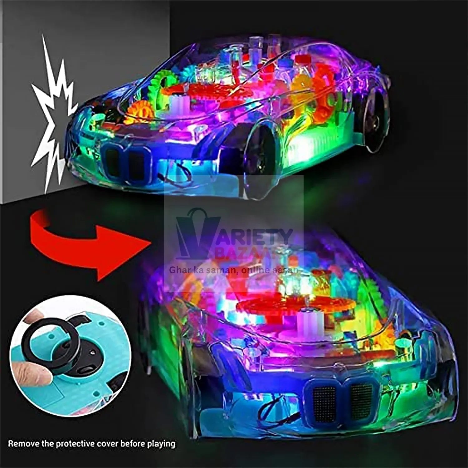 Automatic 360 Degree Rotating Transparent Gear Concept Car with Musical and 3D Flashing Lights Toy for Kids Boys & Girls (Multicolor / Battery Not Included) Variety Bazaar