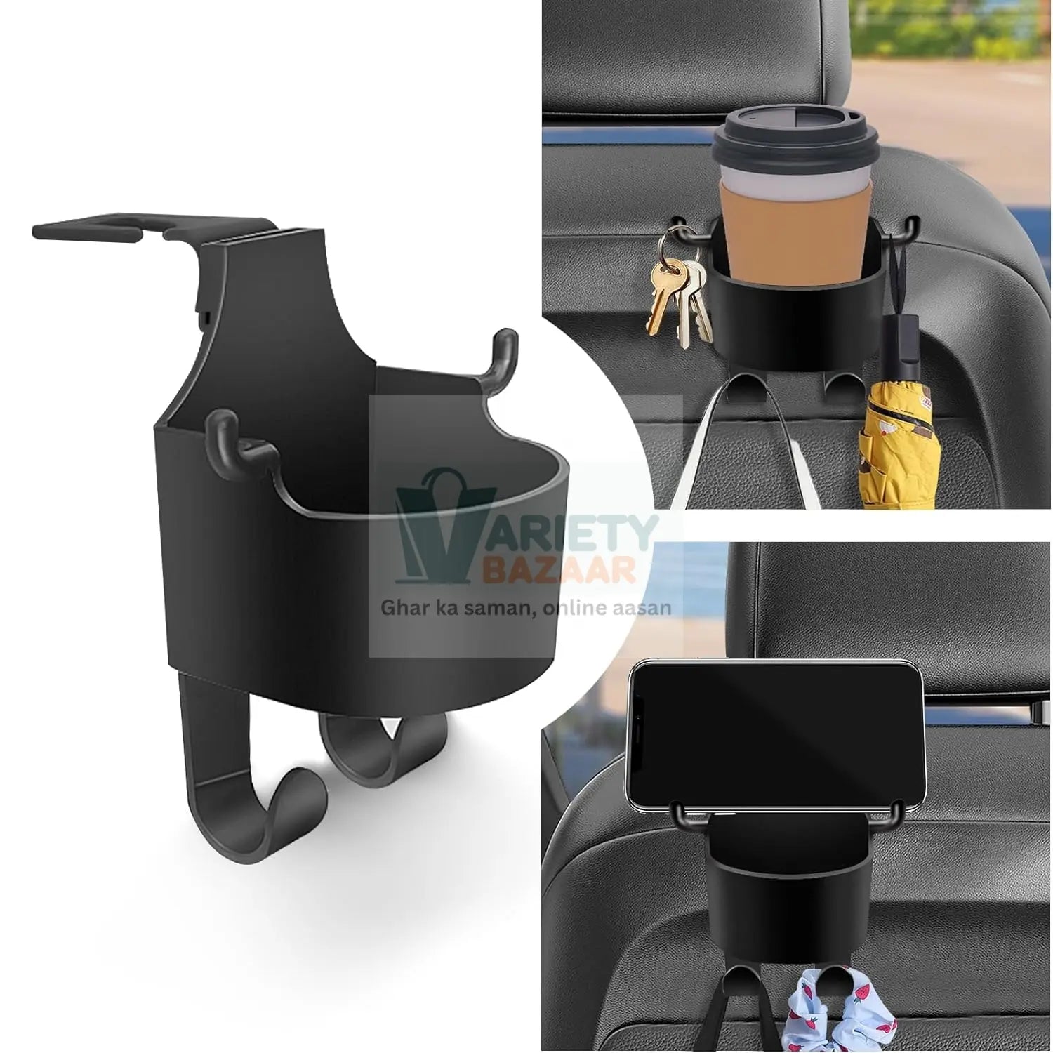 Car Headrest Backseat Organizer, 3 in 1 Automotive Cell Phone Drink cupholder Adapter with Headrest Hooks for Kids and Adults, Multifunctional Storage for Car Travel Accessories Variety Bazaar