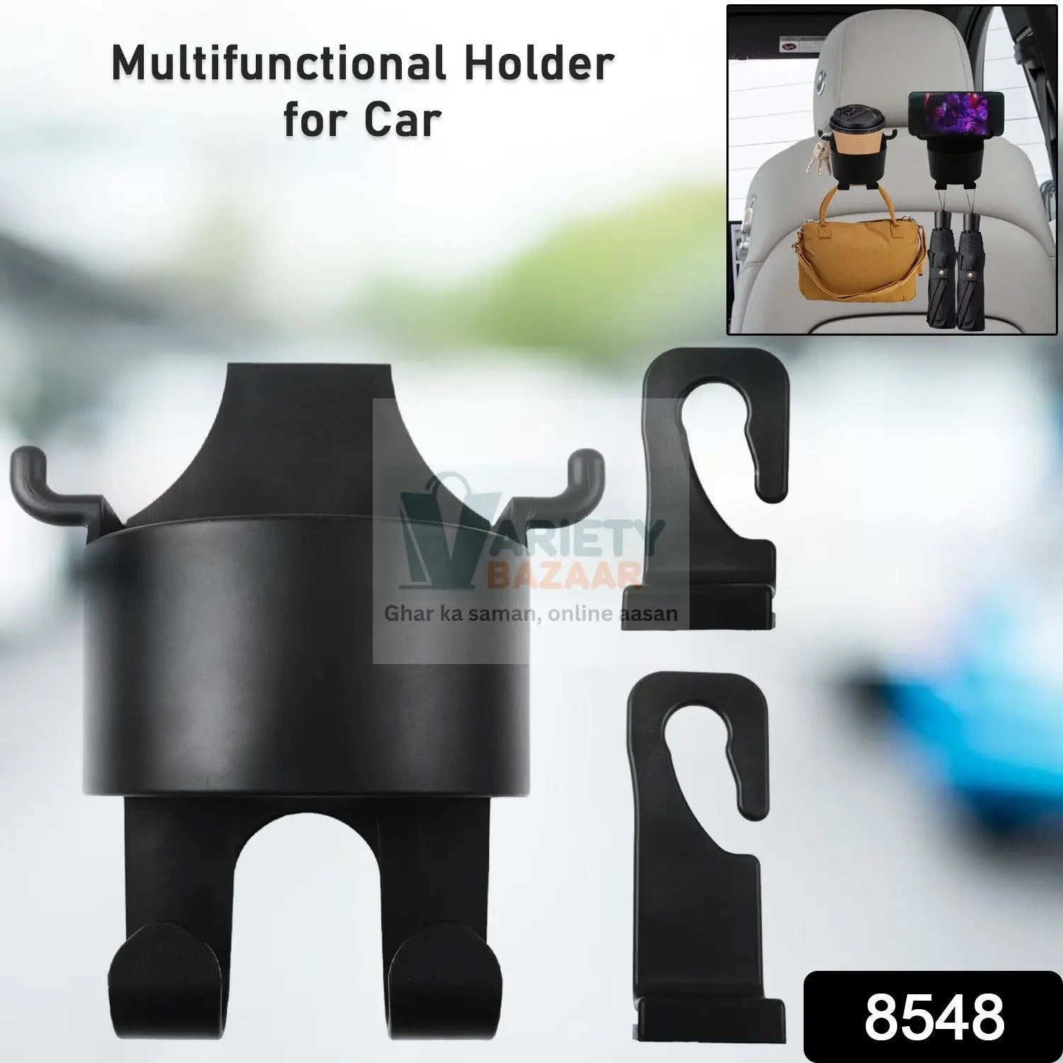 Car Headrest Backseat Organizer, 3 in 1 Automotive Cell Phone Drink cupholder Adapter with Headrest Hooks for Kids and Adults, Multifunctional Storage for Car Travel Accessories Variety Bazaar