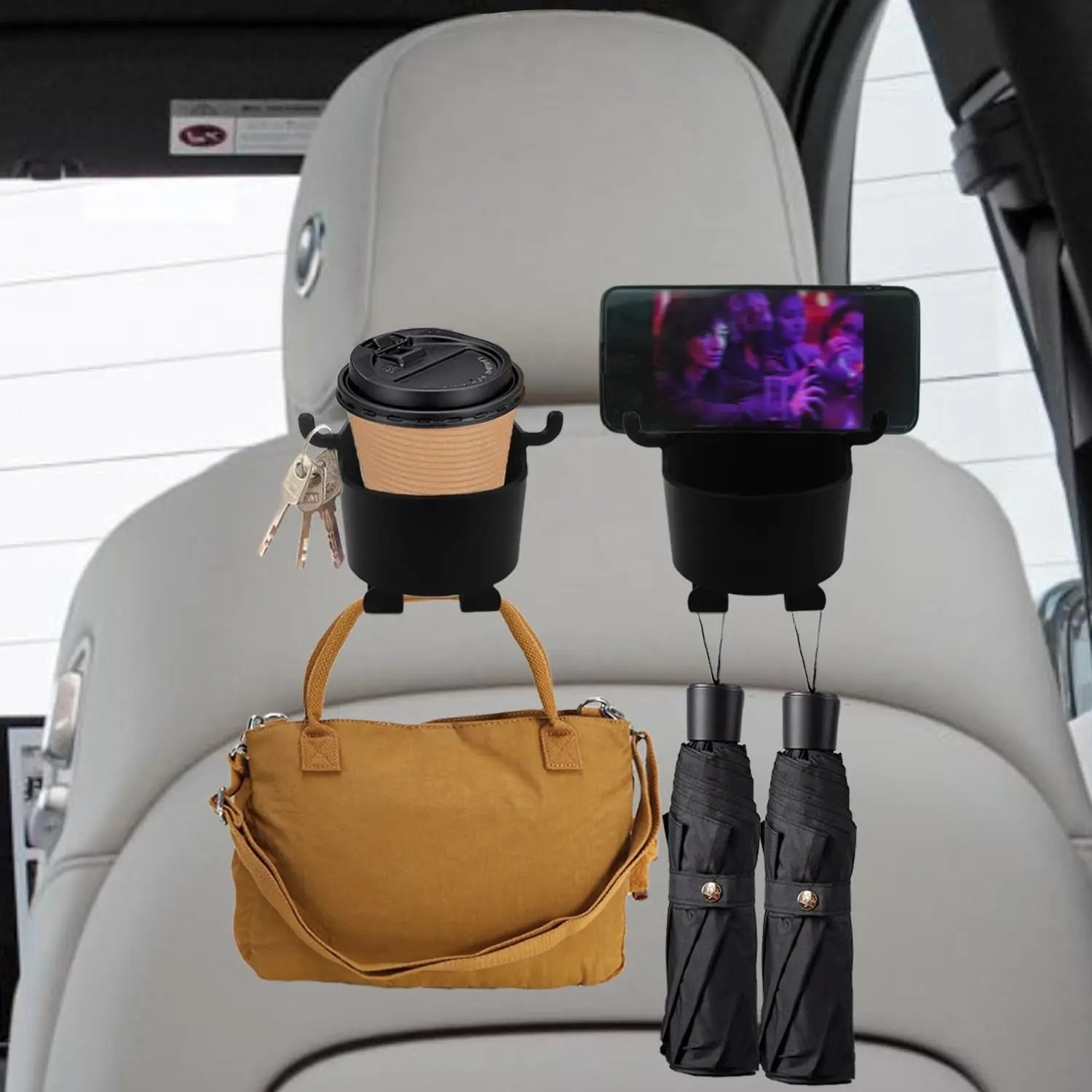Car Headrest Backseat Organizer, 3 in 1 Automotive Cell Phone Drink cupholder Adapter with Headrest Hooks for Kids and Adults, Multifunctional Storage for Car Travel Accessories Variety Bazaar