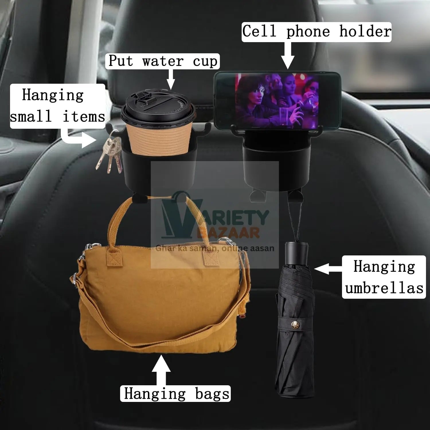 Car Headrest Backseat Organizer, 3 in 1 Automotive Cell Phone Drink cupholder Adapter with Headrest Hooks for Kids and Adults, Multifunctional Storage for Car Travel Accessories Variety Bazaar