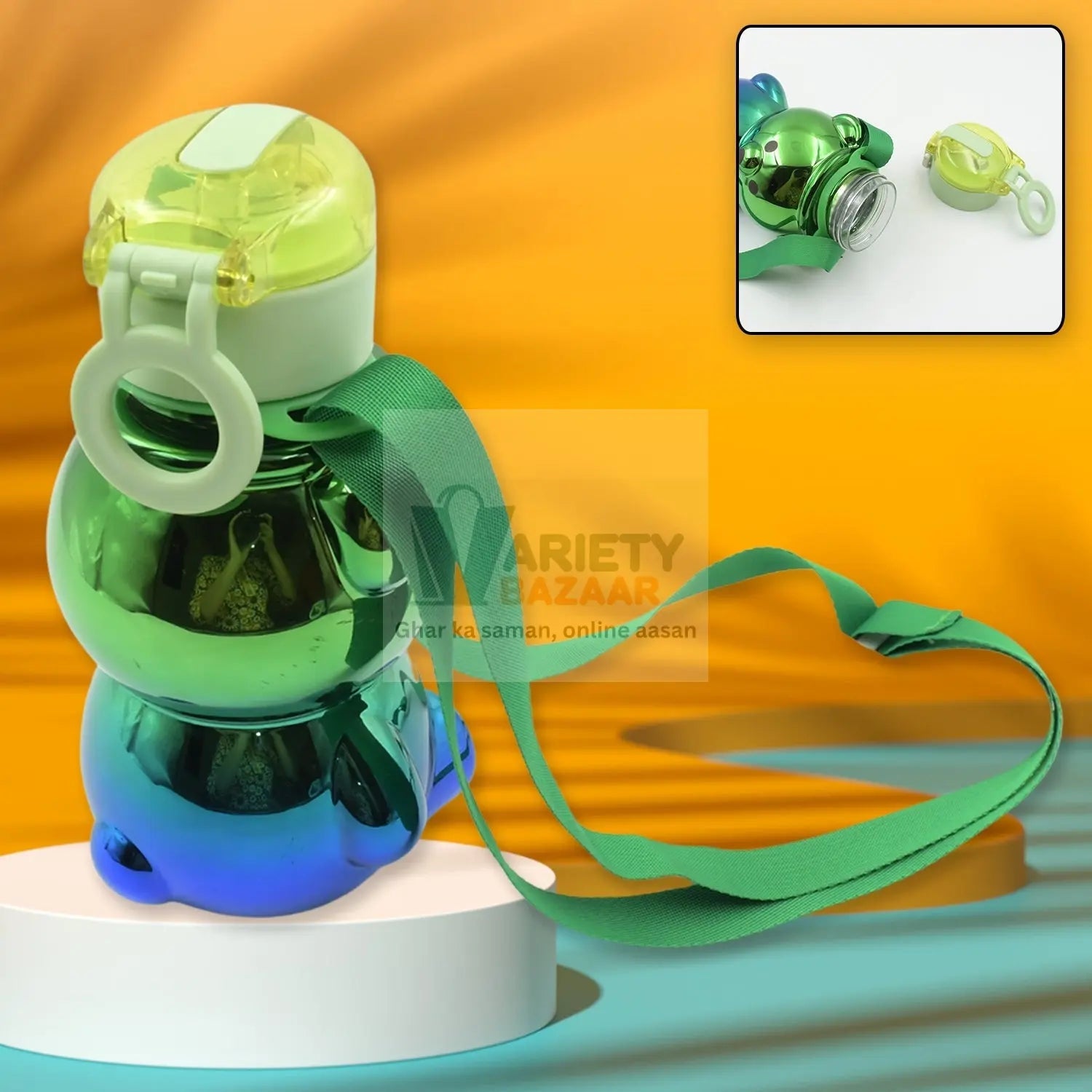 Cute Plastic Water Bottle with Strap & Stickers | Kids School Water Bottle with Straw (1 Pc) Variety Bazaar